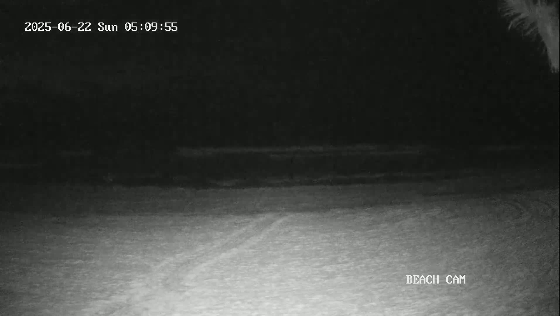 A dark beach at night is shown, with a faint track in the sand leading towards the water.