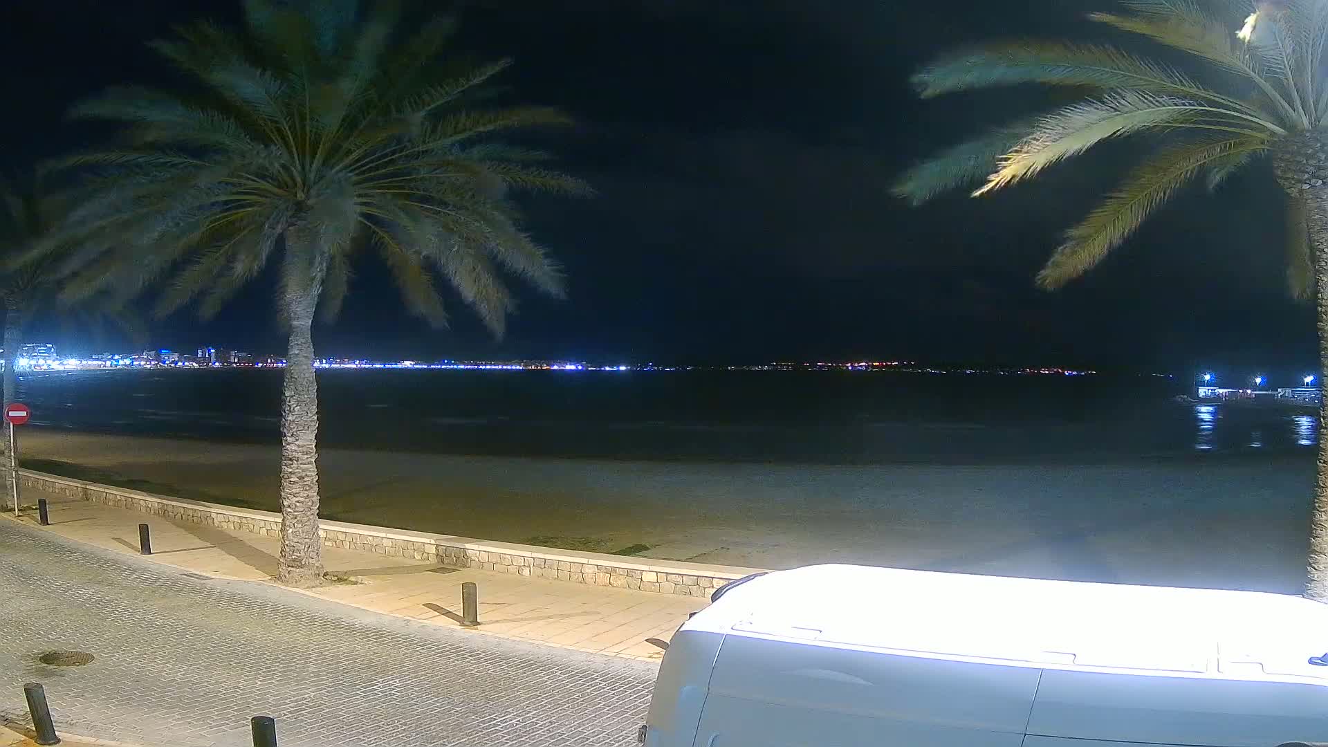 At night, a city skyline is visible across a calm body of water from a paved beachfront area with palm trees and a white van partially in view.