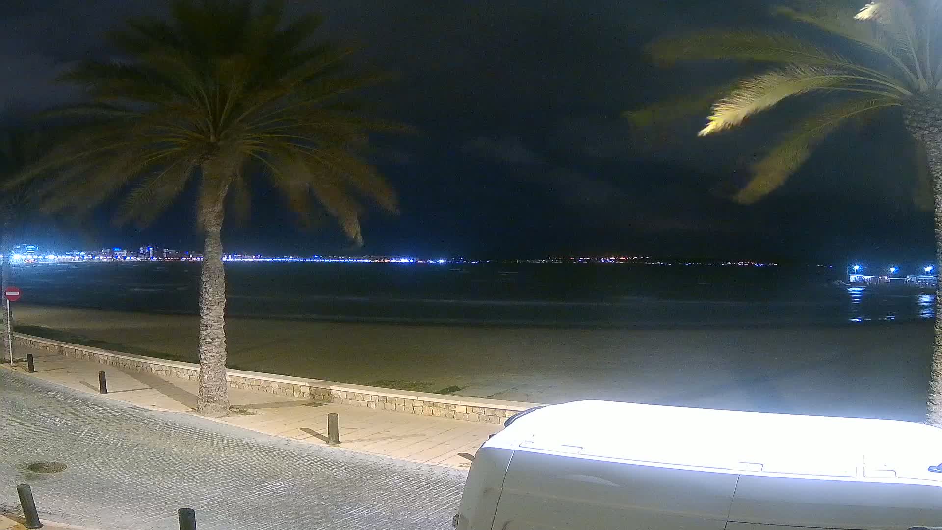 A nighttime view of a sandy beach with palm trees, a calm sea, and a city skyline in the distance under a partly cloudy sky.