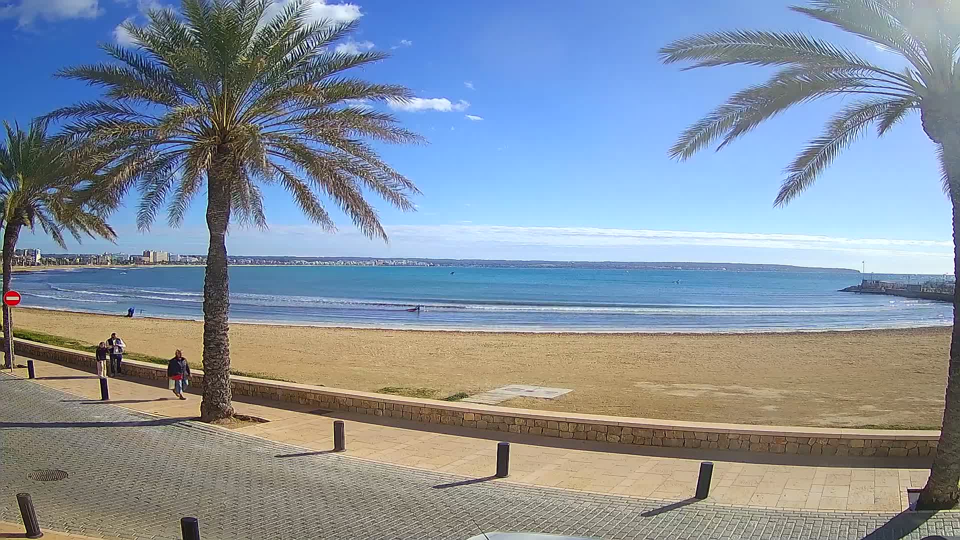 A sandy beach with calm, blue water stretches out under a bright, sunny sky, bordered by a paved walkway lined with palm trees and a few people walking.