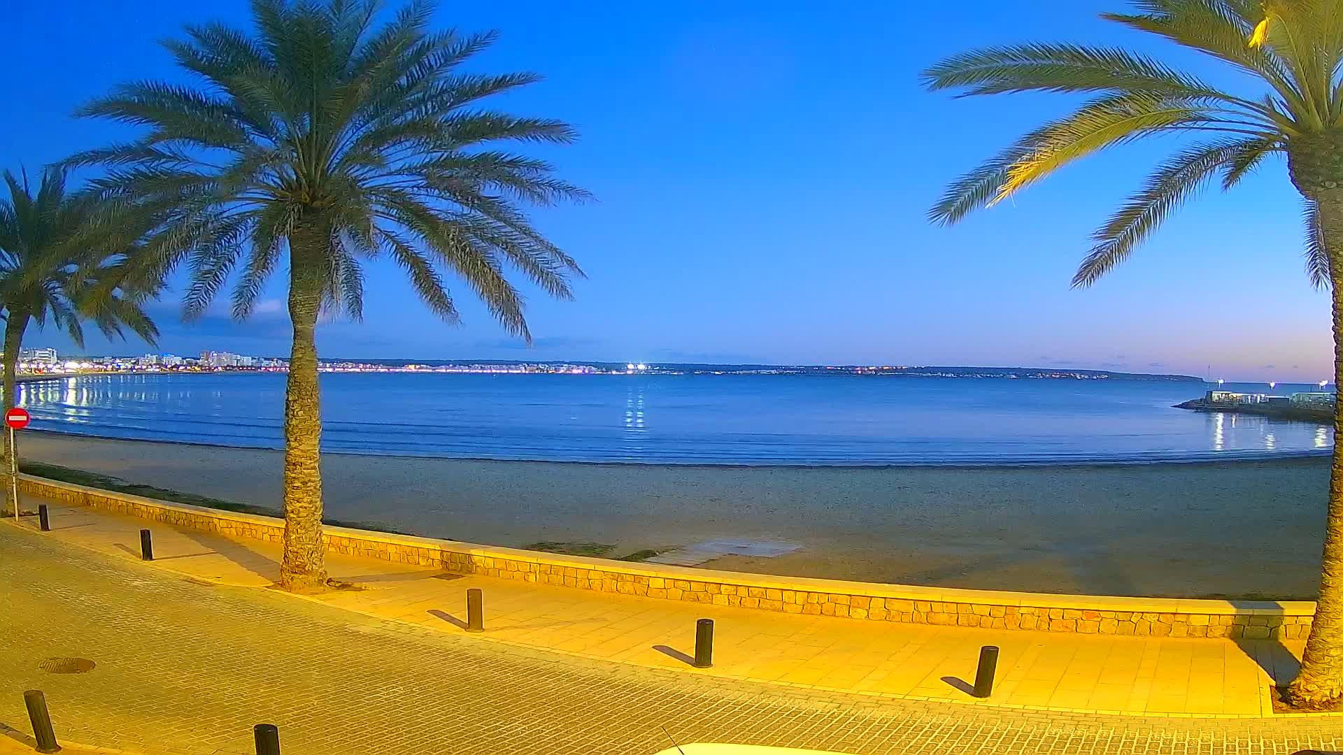 A sandy beach at dusk is bordered by palm trees and a paved walkway, overlooking a calm sea and a city skyline in the distance.