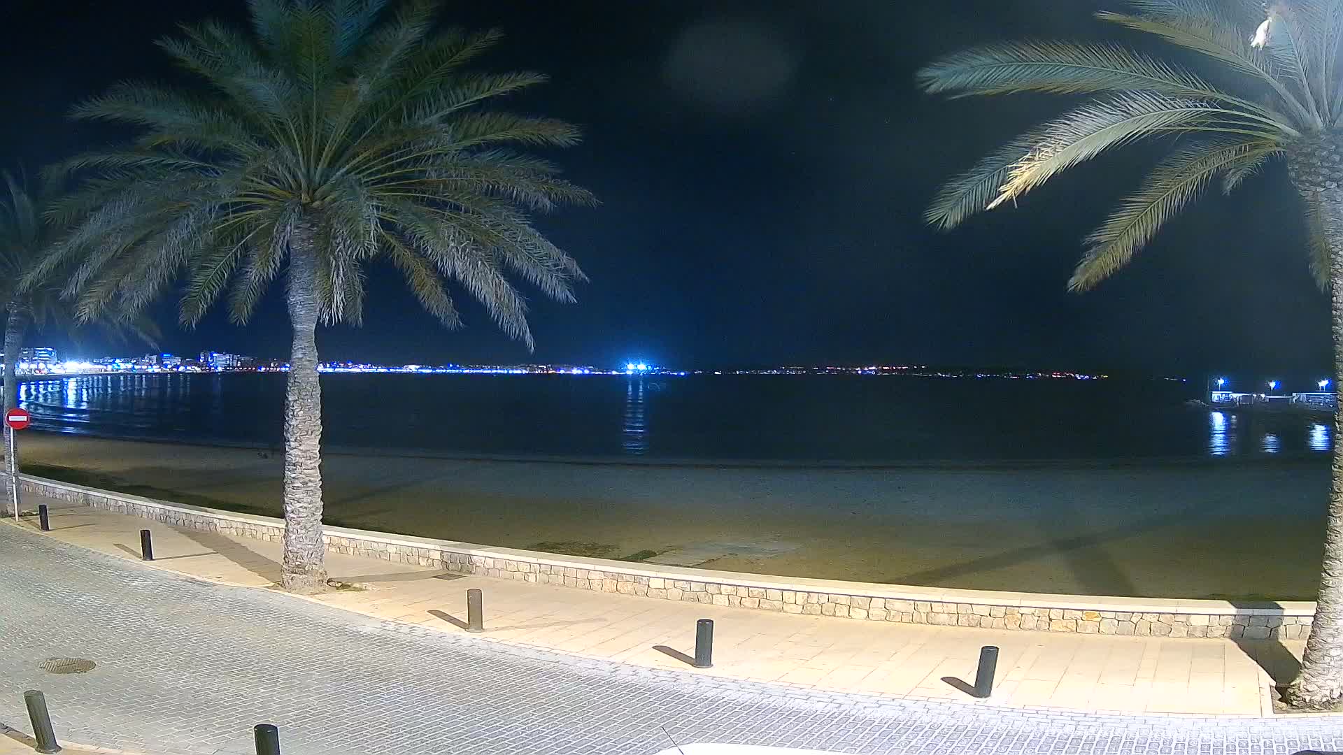 At night, a sandy beach bordered by palm trees and a stone walkway overlooks a calm, dark body of water reflecting the lights of a city in the distance.
