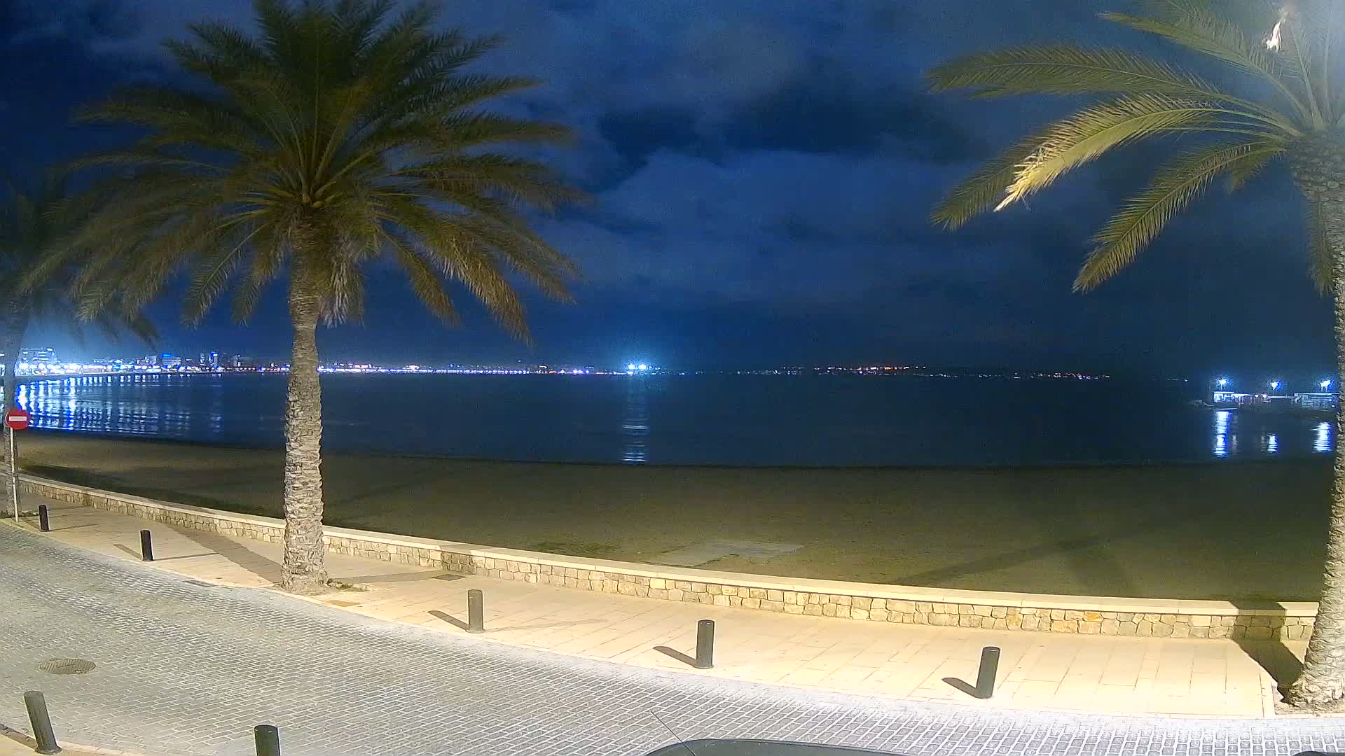A sandy beach at night under a partly cloudy sky is bordered by palm trees and a paved walkway, with a city skyline visible across the calm water.