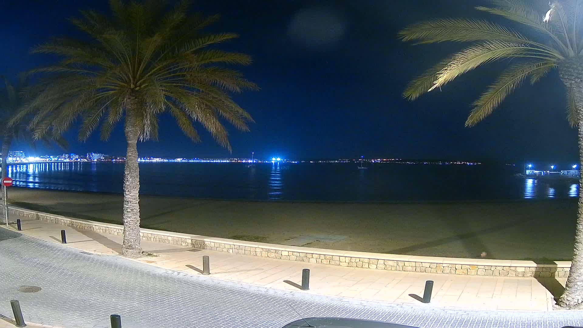 At night, a sandy beach is bordered by a paved walkway and palm trees, overlooking a calm sea with a brightly lit cityscape in the distance.
