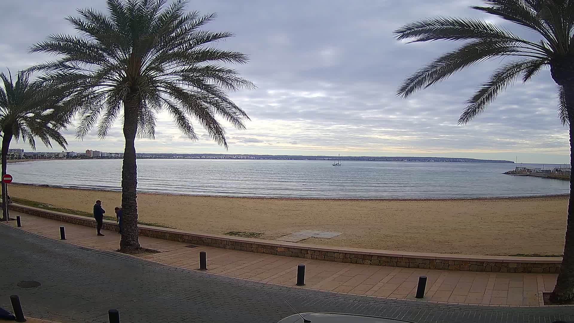 A sandy beach with calm water and a few people near palm trees under a cloudy sky.