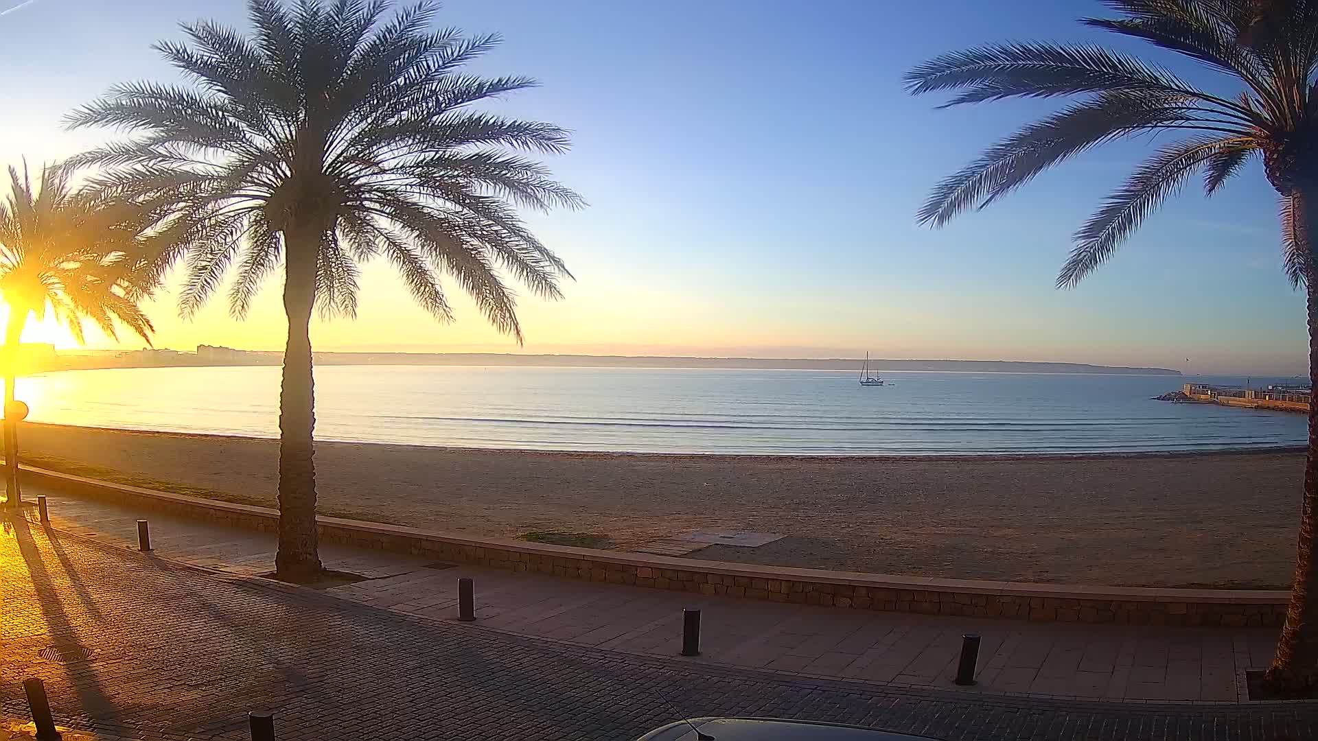 A sandy beach at sunrise, with calm ocean waves, palm trees lining a paved walkway, and a sailboat visible on the horizon.