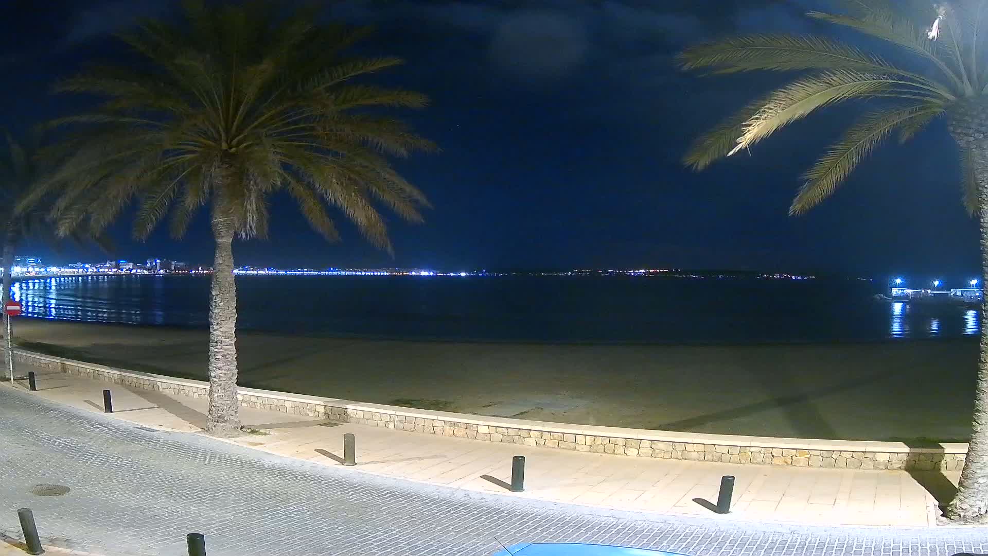 At night, a sandy beach with palm trees lines a paved walkway overlooking a calm, dark body of water reflecting a distant city's lights.