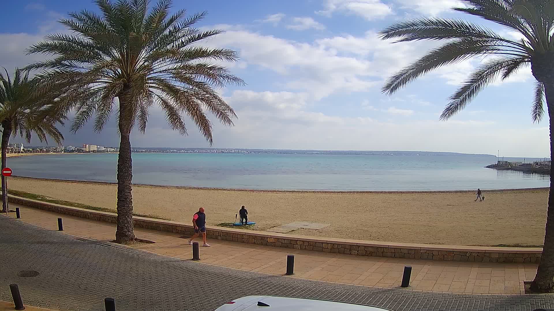 A sandy beach with calm, light-blue water stretches beneath a partly cloudy sky, flanked by palm trees and a paved walkway with a few pedestrians.