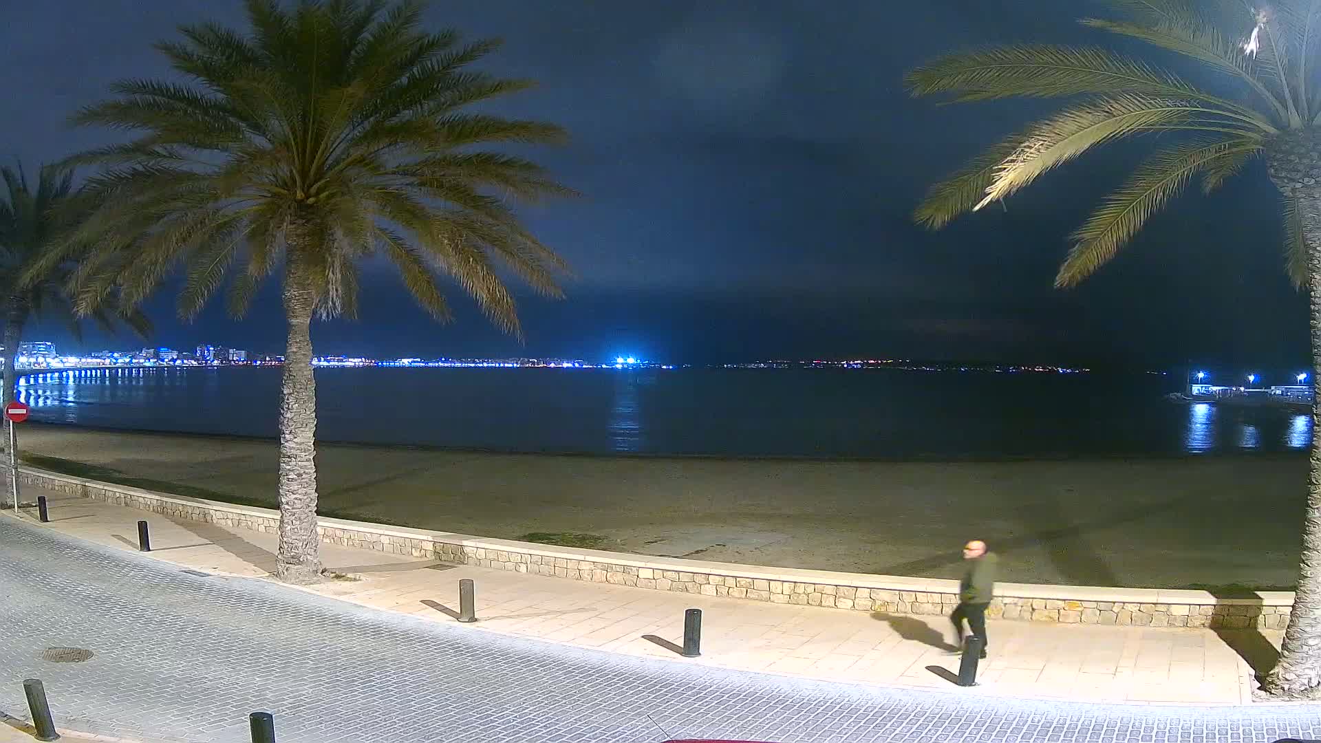 A person walks along a paved beachfront path at night, with palm trees and a calm, dark body of water reflecting city lights in the distance.