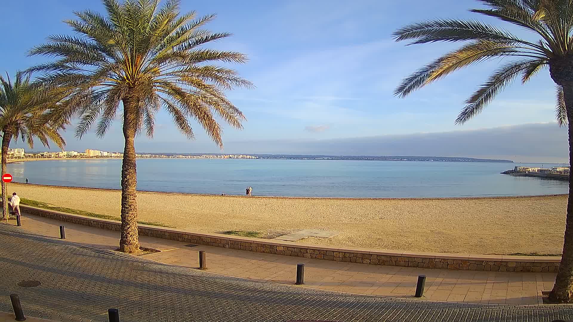 A sandy beach stretches along a calm bay under a clear blue sky, bordered by a paved walkway and palm trees.