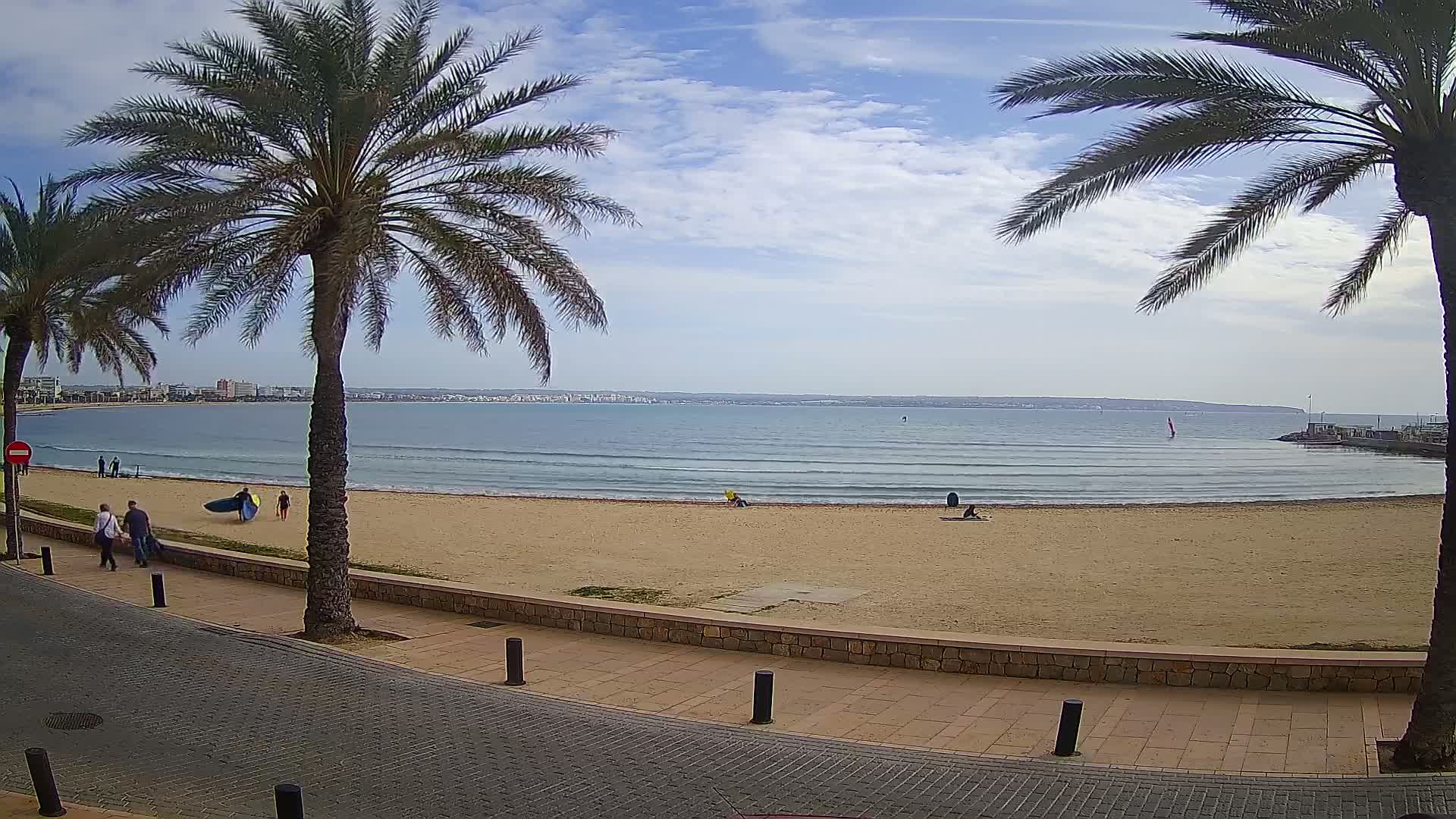 A sandy beach with calm waves, a few people, and palm trees lining a paved walkway under a partly cloudy sky.