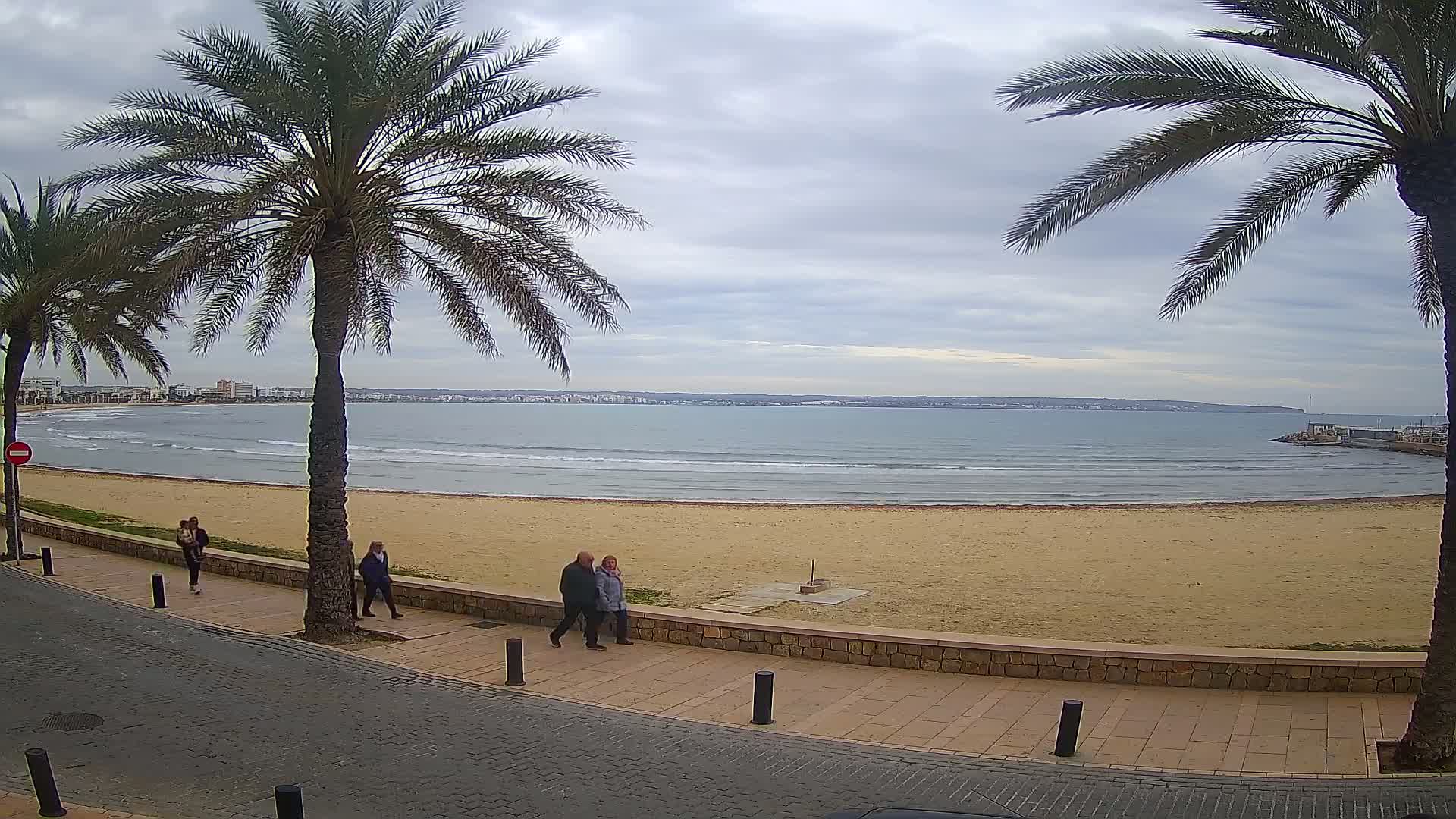 A sandy beach with calm waves stretches out to a calm sea under an overcast sky, with several people walking along a paved walkway lined with palm trees.