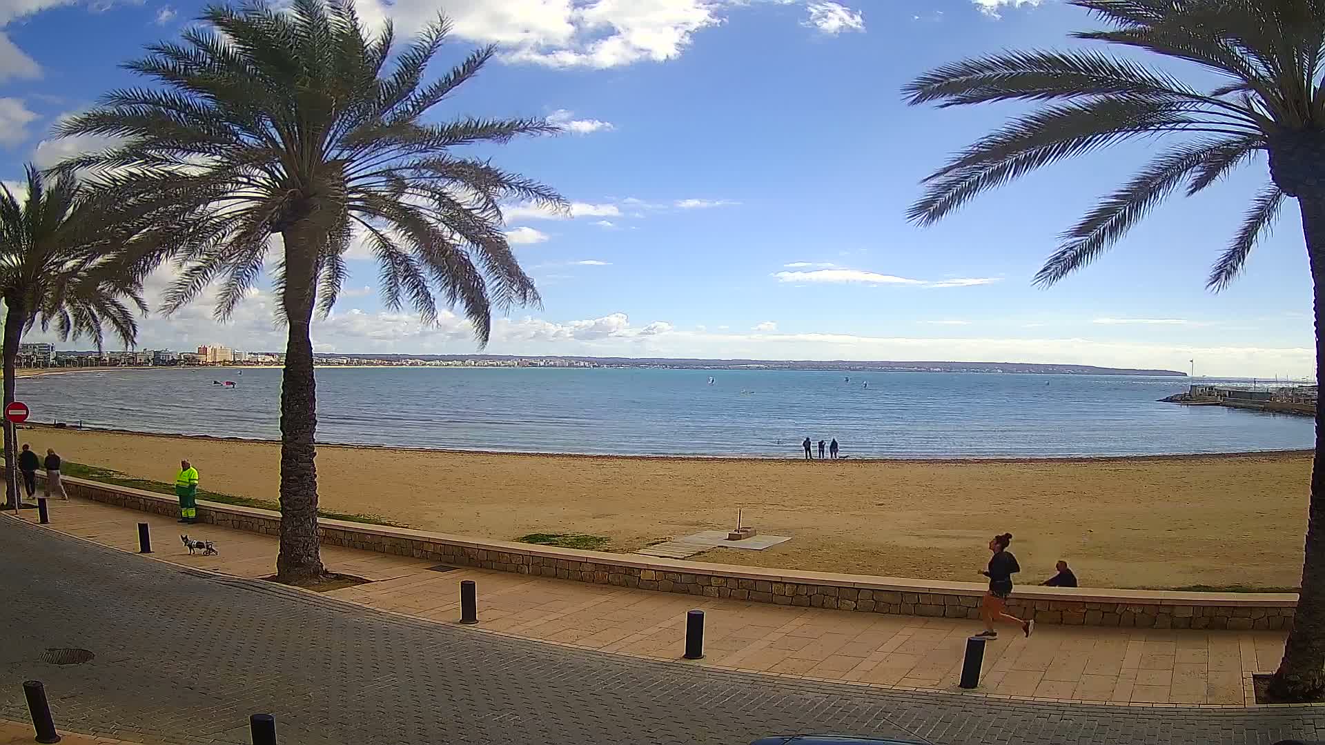 A sandy beach with palm trees lines a paved walkway overlooking a calm bay under a mostly sunny sky.