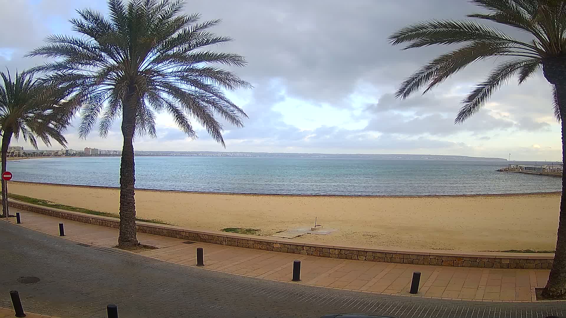 A sandy beach with calm, teal water stretches out under a cloudy sky, flanked by two palm trees and a paved walkway.