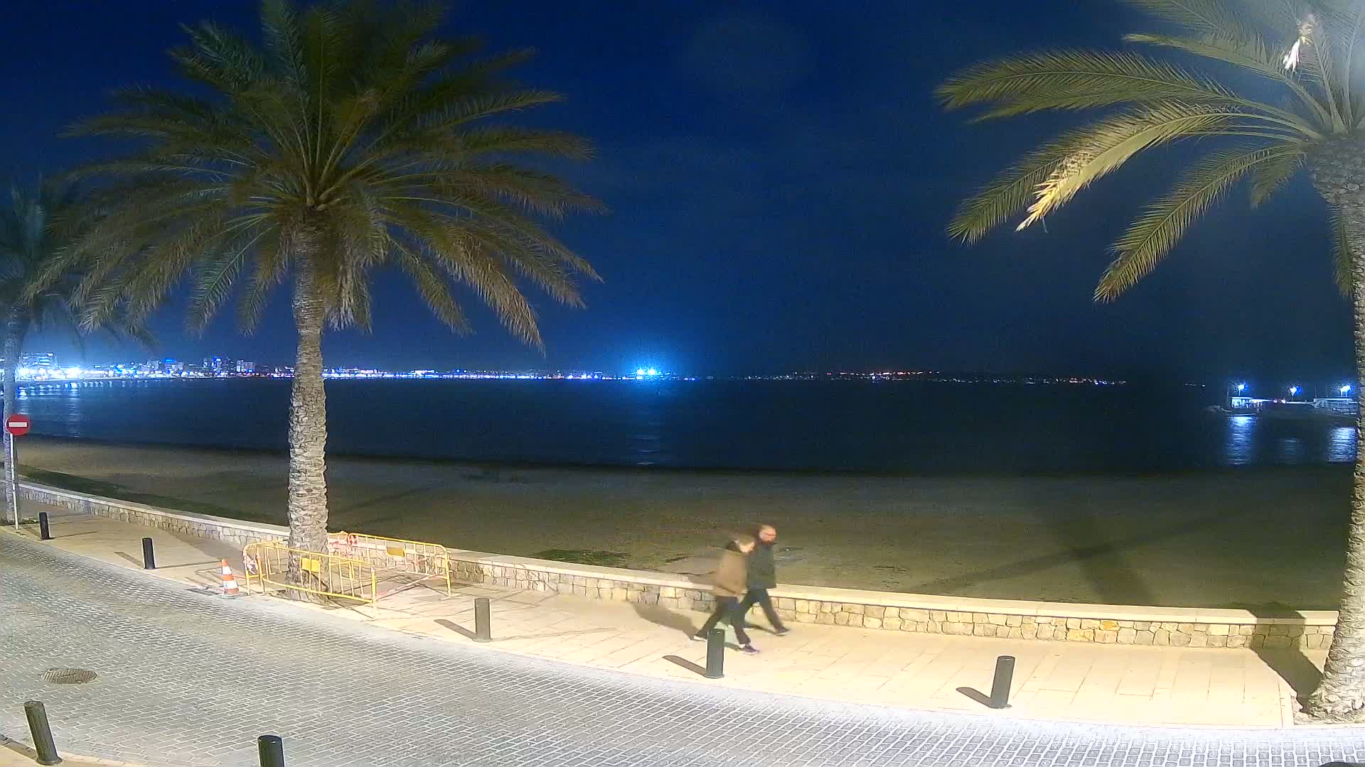 Two people walk along a paved beachfront path at night, past palm trees, with a calm, dark sea and a distant, illuminated city skyline visible.