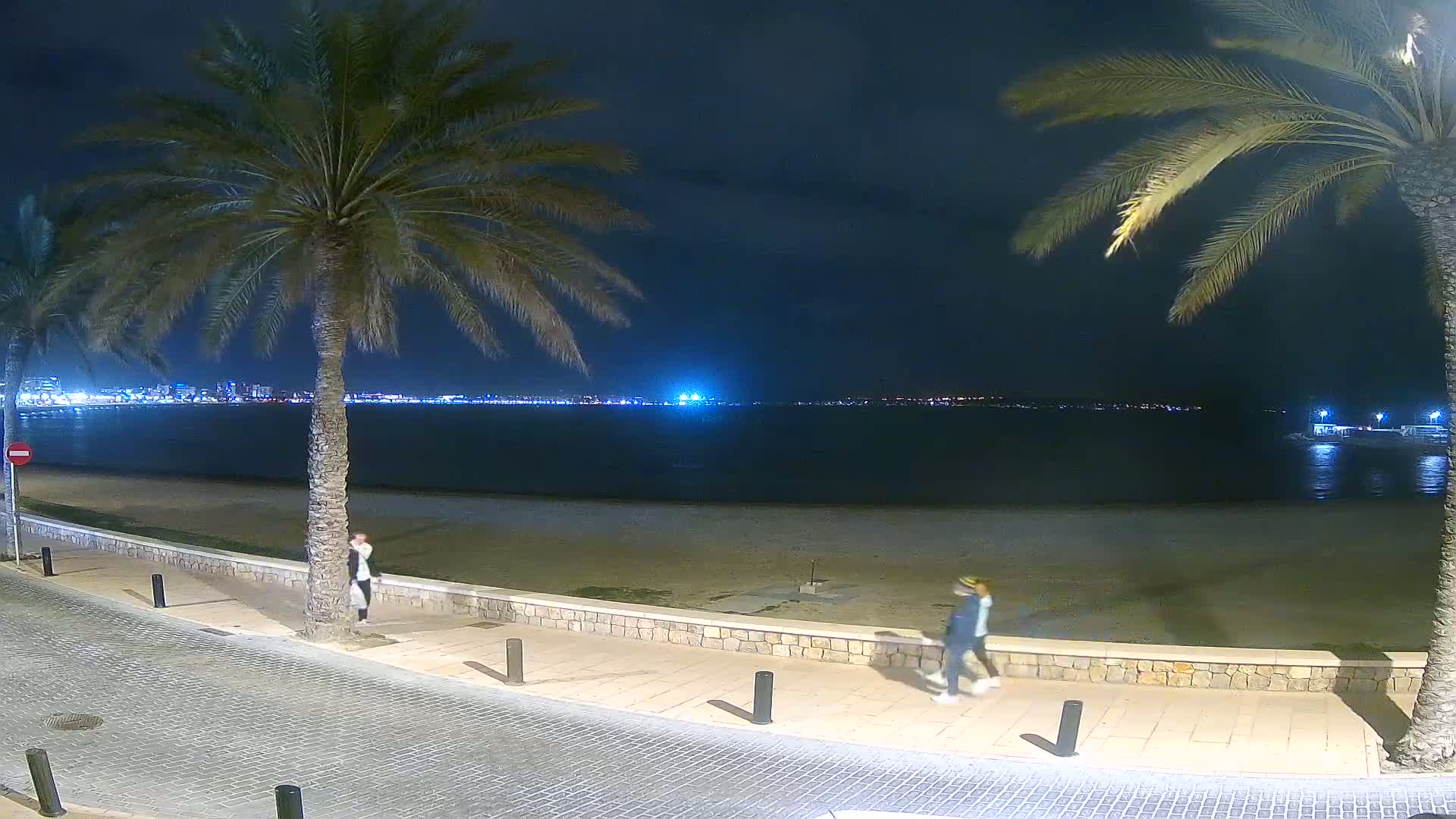 At night, two people walk along a paved beachfront path lined with palm trees, overlooking a calm, dark-blue sea with a distant, illuminated city skyline.