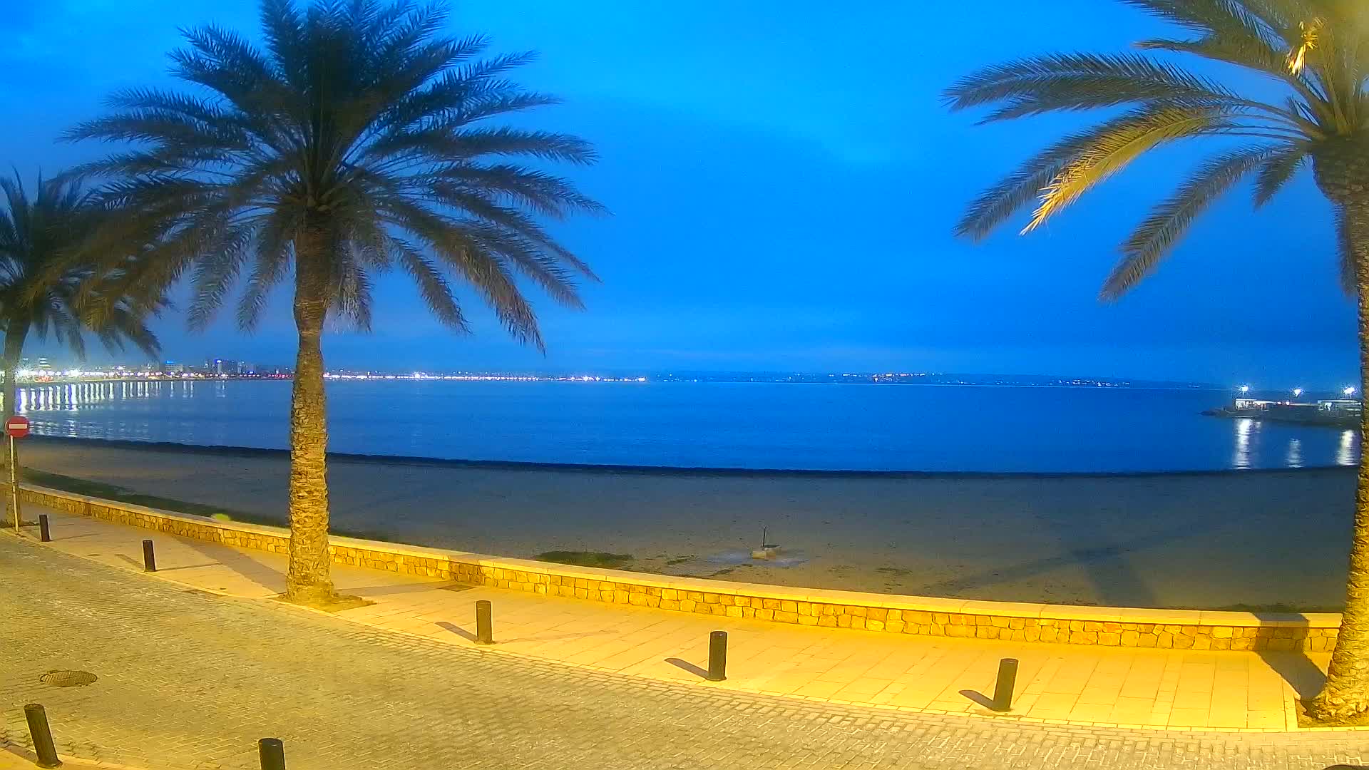 A sandy beach at dusk, bordered by palm trees and a paved walkway, overlooks a calm, dark-blue sea with a distant city skyline illuminated.