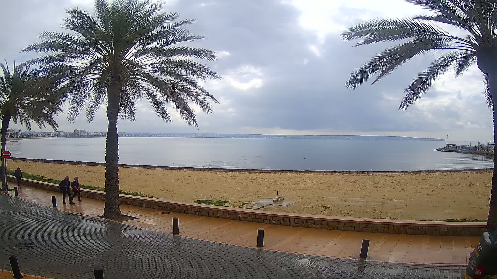 A wet paved walkway leads to a sandy beach and calm bay under a cloudy sky, with palm trees lining the walkway and a few people strolling along.