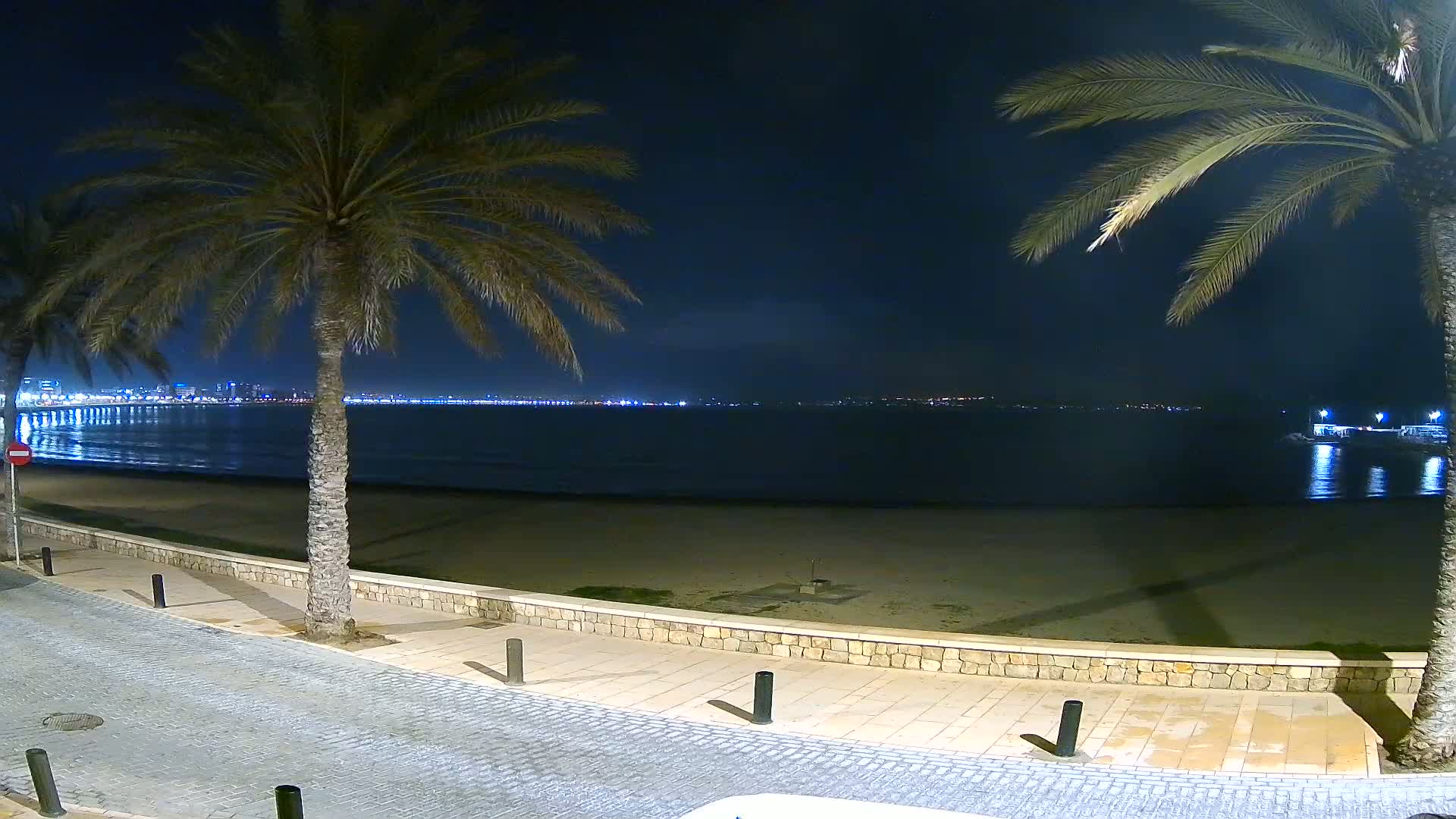At night, a city skyline is visible across a calm sea from a paved beachfront promenade lined with palm trees.