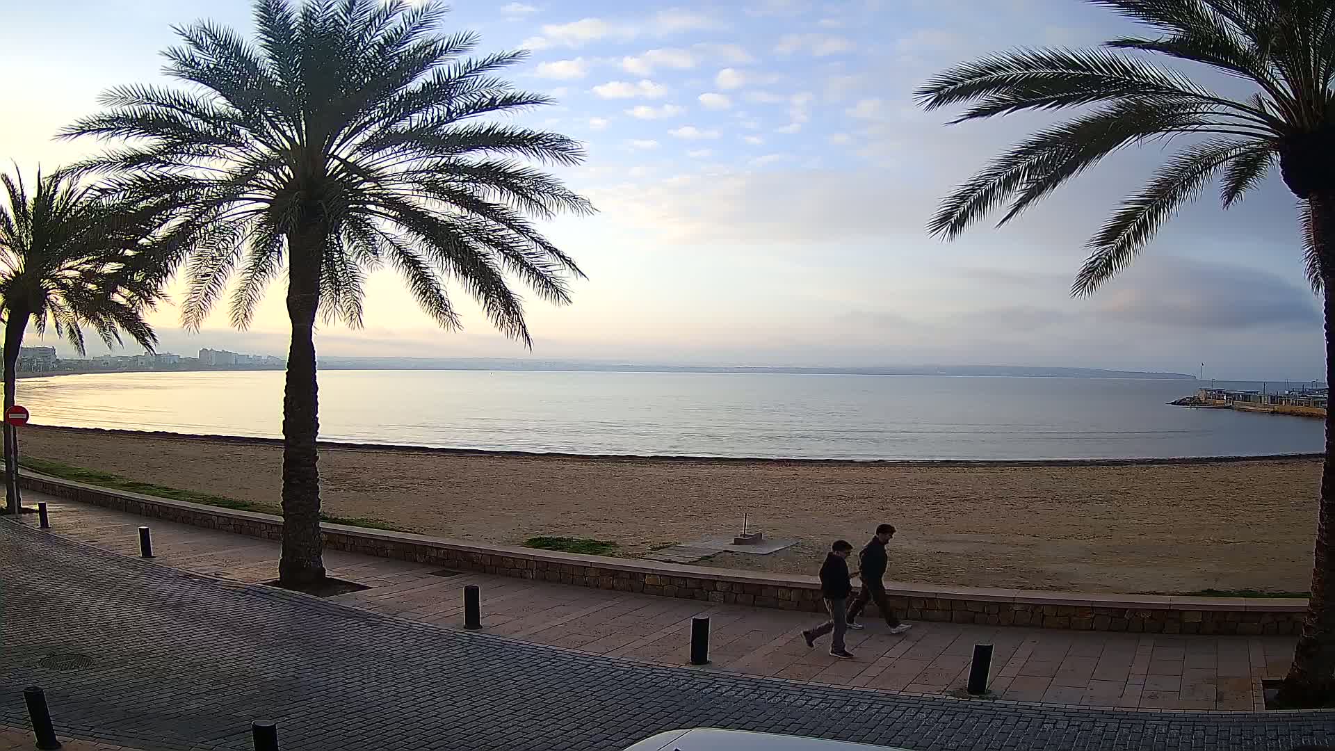 Two people walk along a paved beachfront path next to a sandy beach and calm sea under a partly cloudy, dawn sky, with palm trees lining the path.