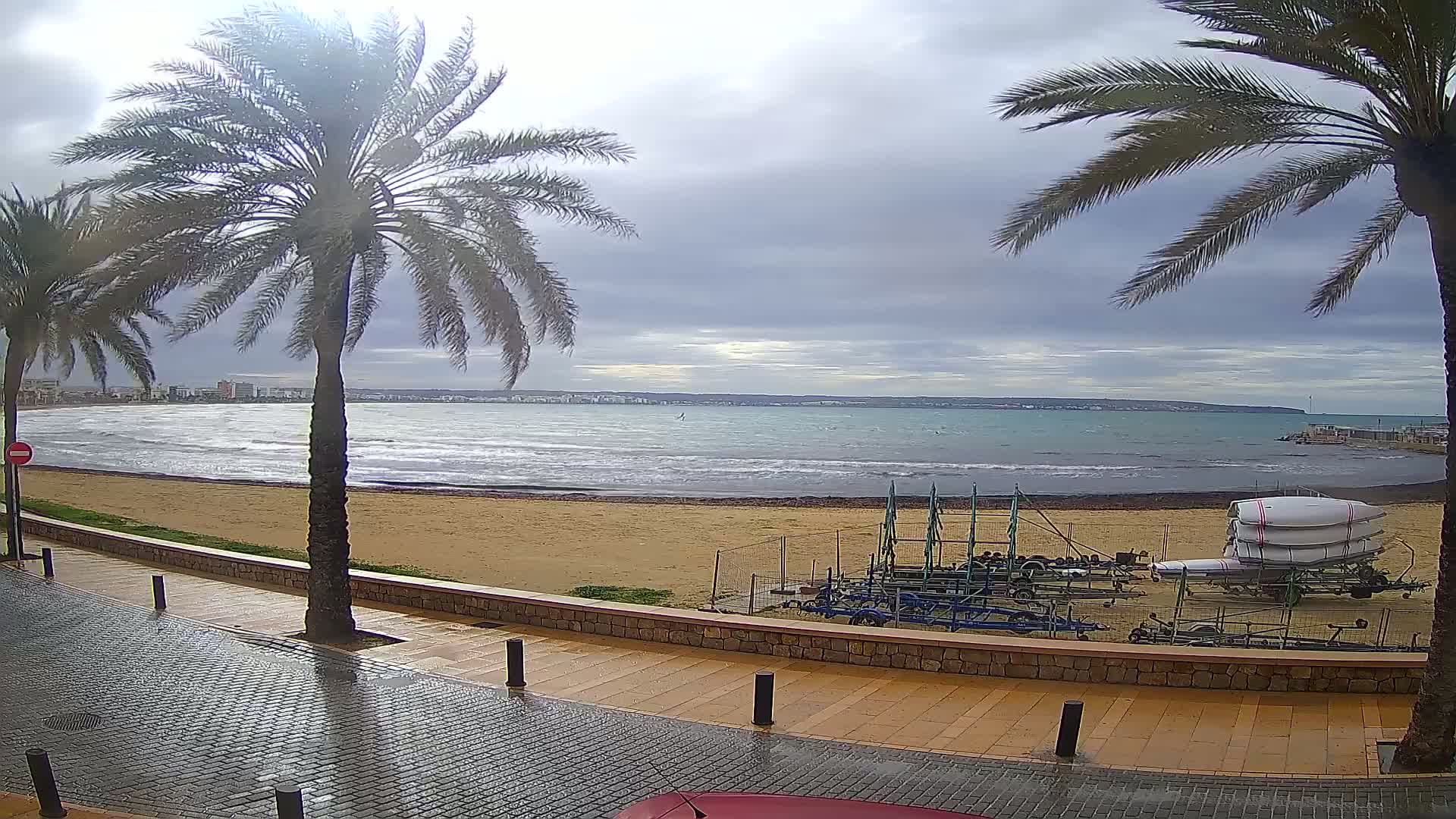 A sandy beach with small waves and palm trees along a paved walkway, under an overcast sky.