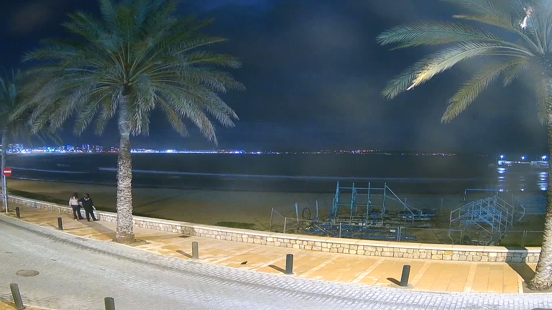 At night, two people stand near palm trees on a paved walkway overlooking a beach and calm ocean with a city skyline visible in the distance.