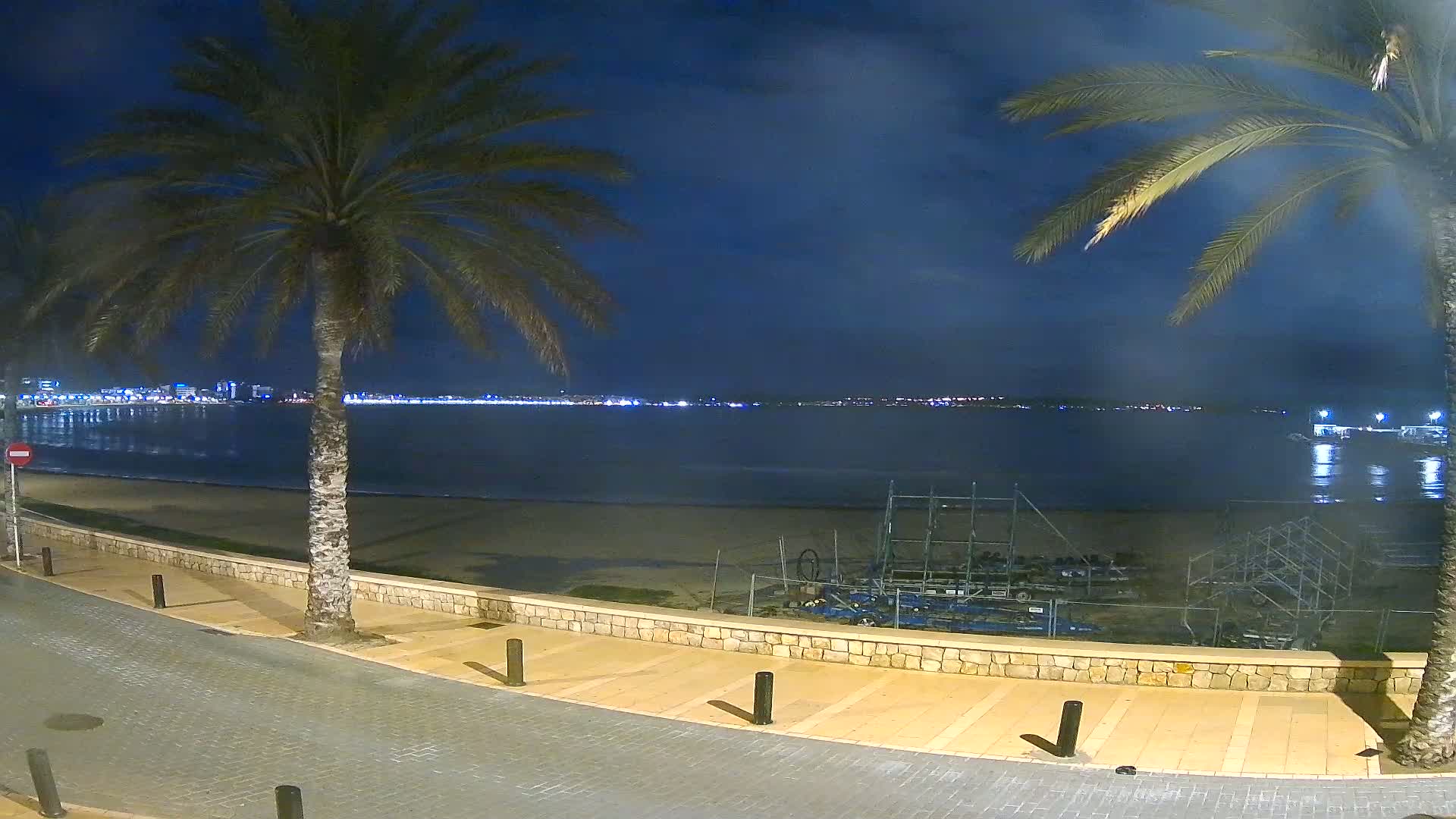 A nighttime beach scene shows palm trees lining a paved walkway overlooking a calm, dark ocean with a distant city skyline illuminated at night.