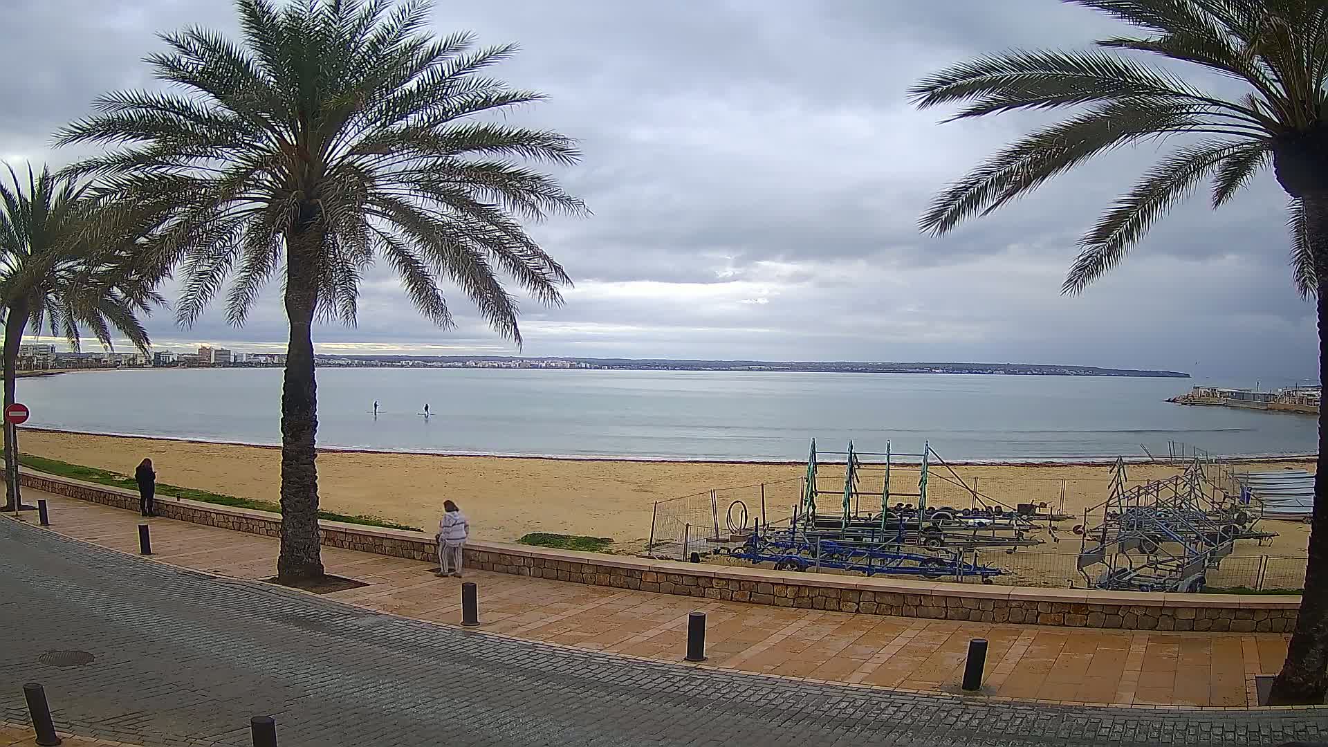 A sandy beach with calm water and a cloudy sky is viewed from a paved walkway lined with palm trees, where two people are walking.