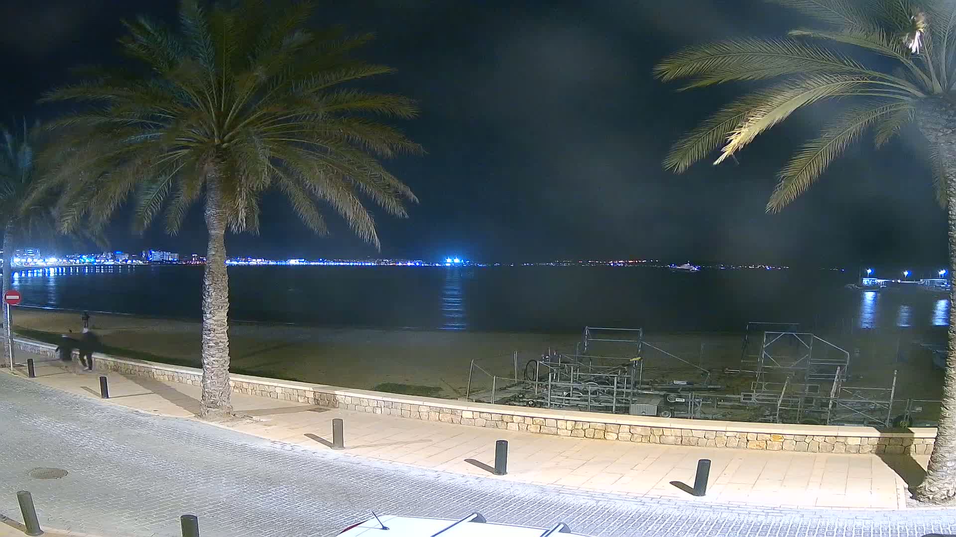 A nighttime view of a calm beach with palm trees, a city skyline across the water, and some construction equipment on the sand.