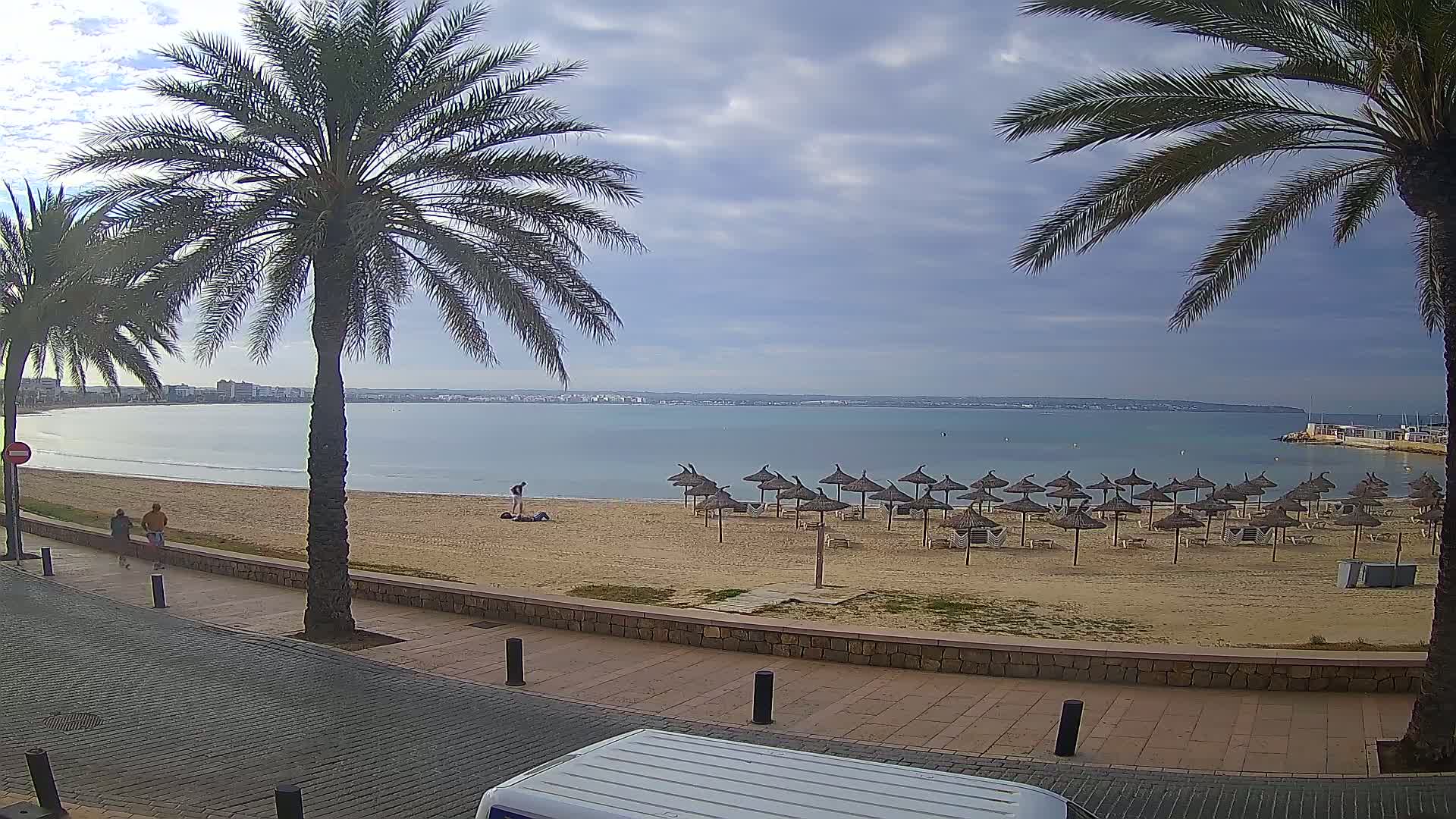 A mostly sunny day shows a sandy beach with numerous thatched umbrellas, palm trees lining a paved walkway overlooking a calm bay with a distant shoreline.