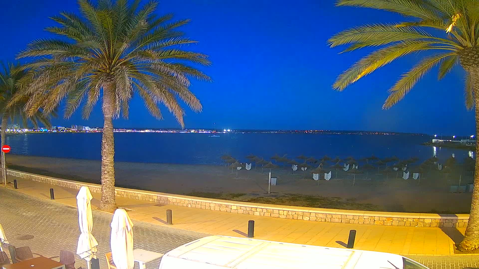 Under a clear twilight sky, a sandy beach with closed umbrellas sits beside a paved walkway lined with palm trees, overlooking a calm body of water and a distant city skyline.