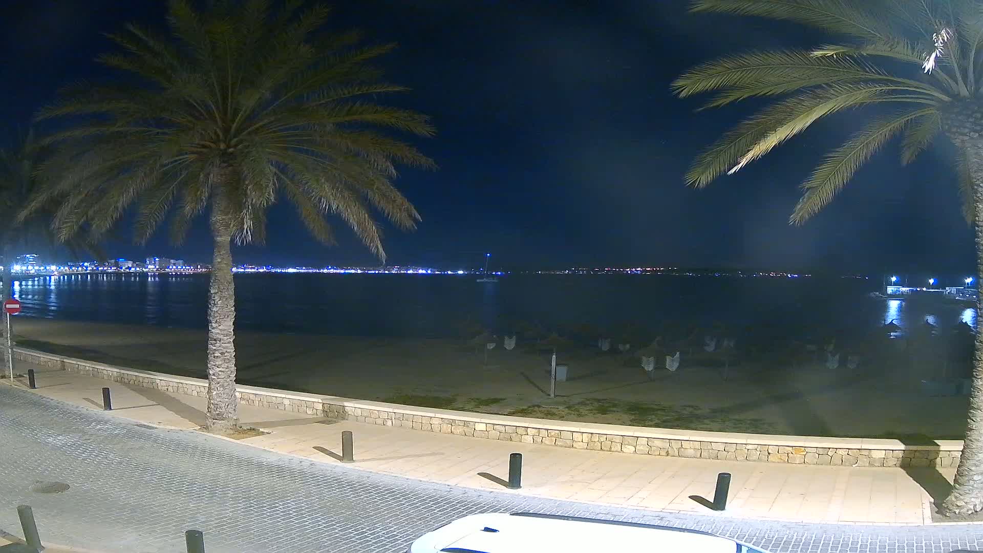 At night, a paved walkway overlooks a sandy beach and calm, dark water reflecting city lights across the bay, framed by palm trees under a clear sky.