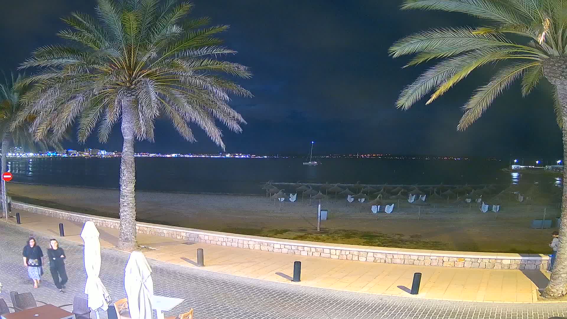 At night, under a dark sky, a sandy beach with closed umbrellas is seen from a paved walkway lined with palm trees, overlooking a calm body of water and a distant city skyline illuminated with lights.