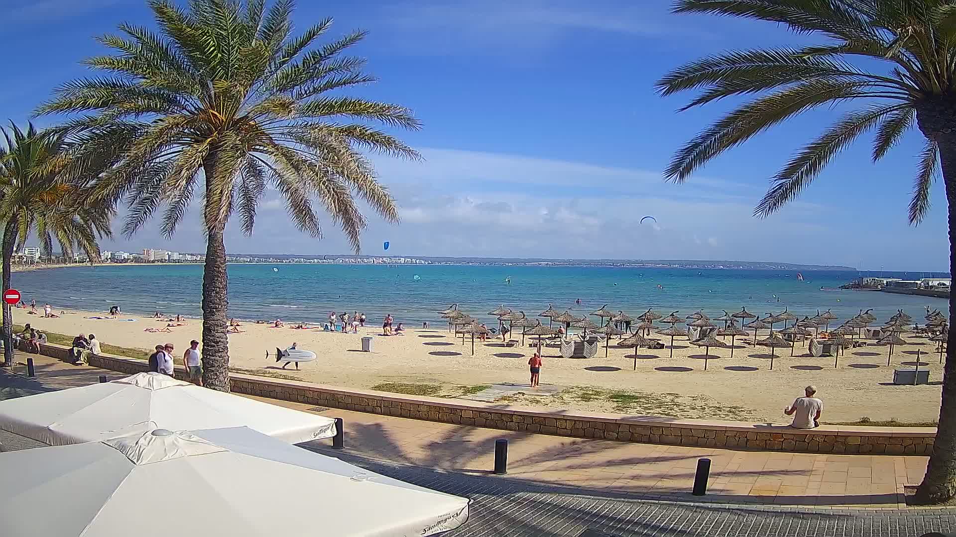 A sandy beach with numerous straw umbrellas, palm trees, and people enjoying a sunny day by a calm, turquoise sea.