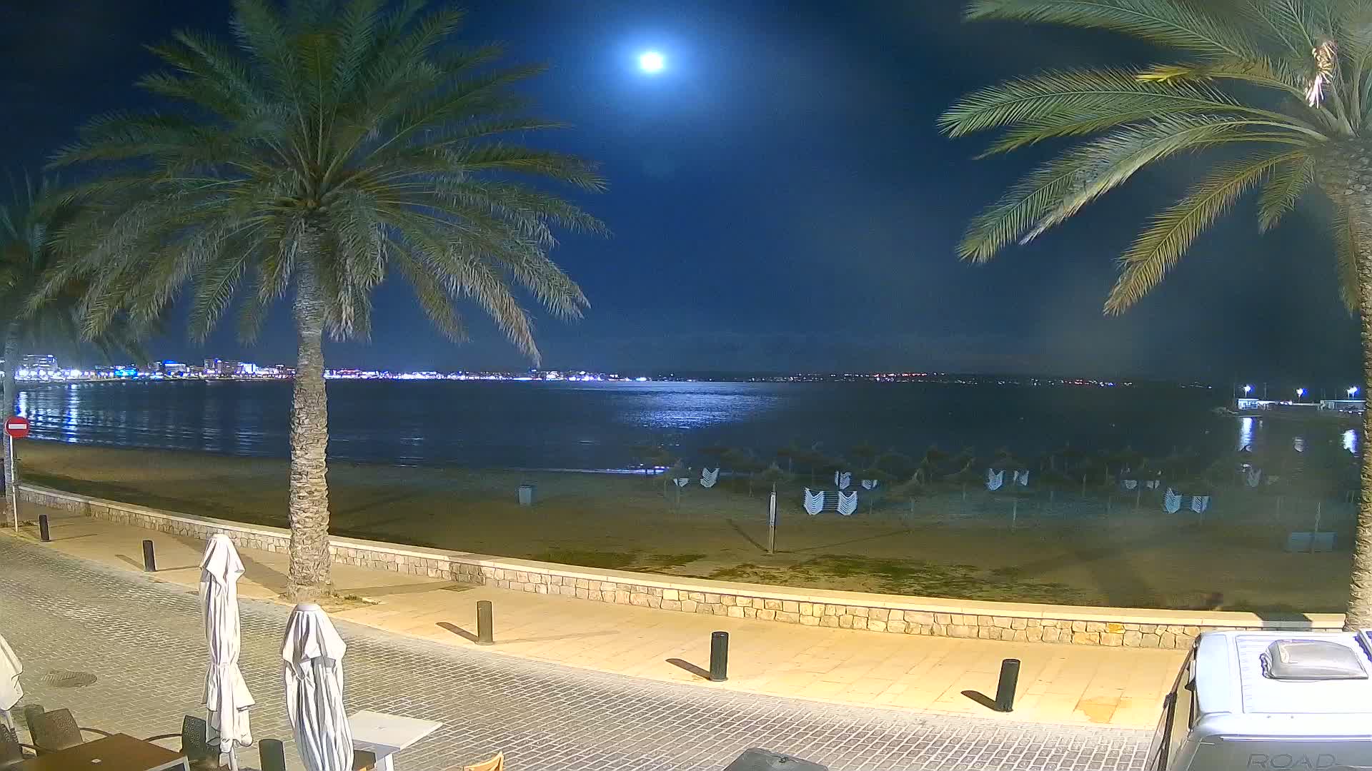 A nighttime beach scene under a bright moon shows a calm body of water reflecting lights from a distant city, with palm trees, closed beach umbrellas, and a paved walkway in the foreground.