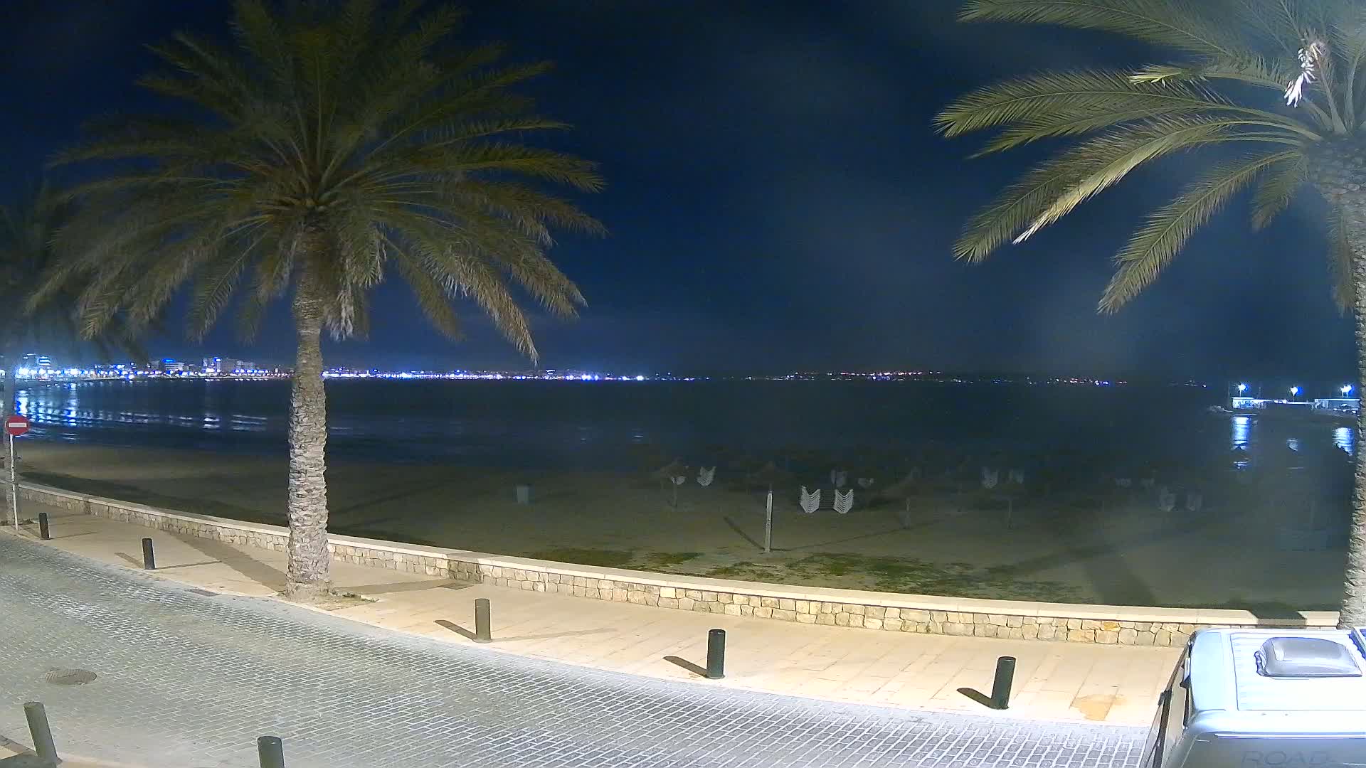 A nighttime beach scene shows a calm body of water reflecting city lights across the horizon, with palm trees lining a paved walkway next to a sandy beach.