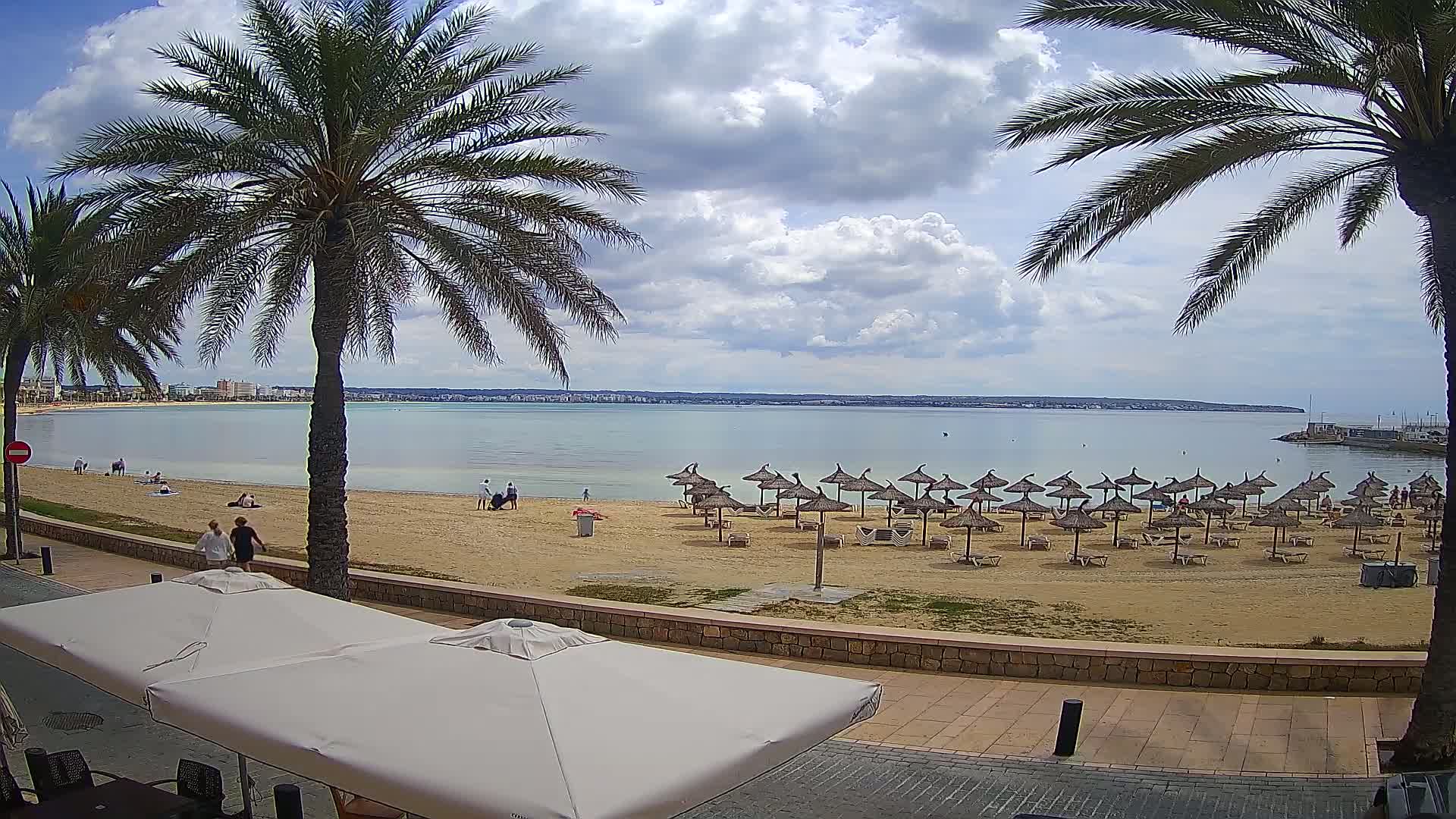 A partly cloudy day at a sandy beach with calm water, palm trees, and numerous straw umbrellas.