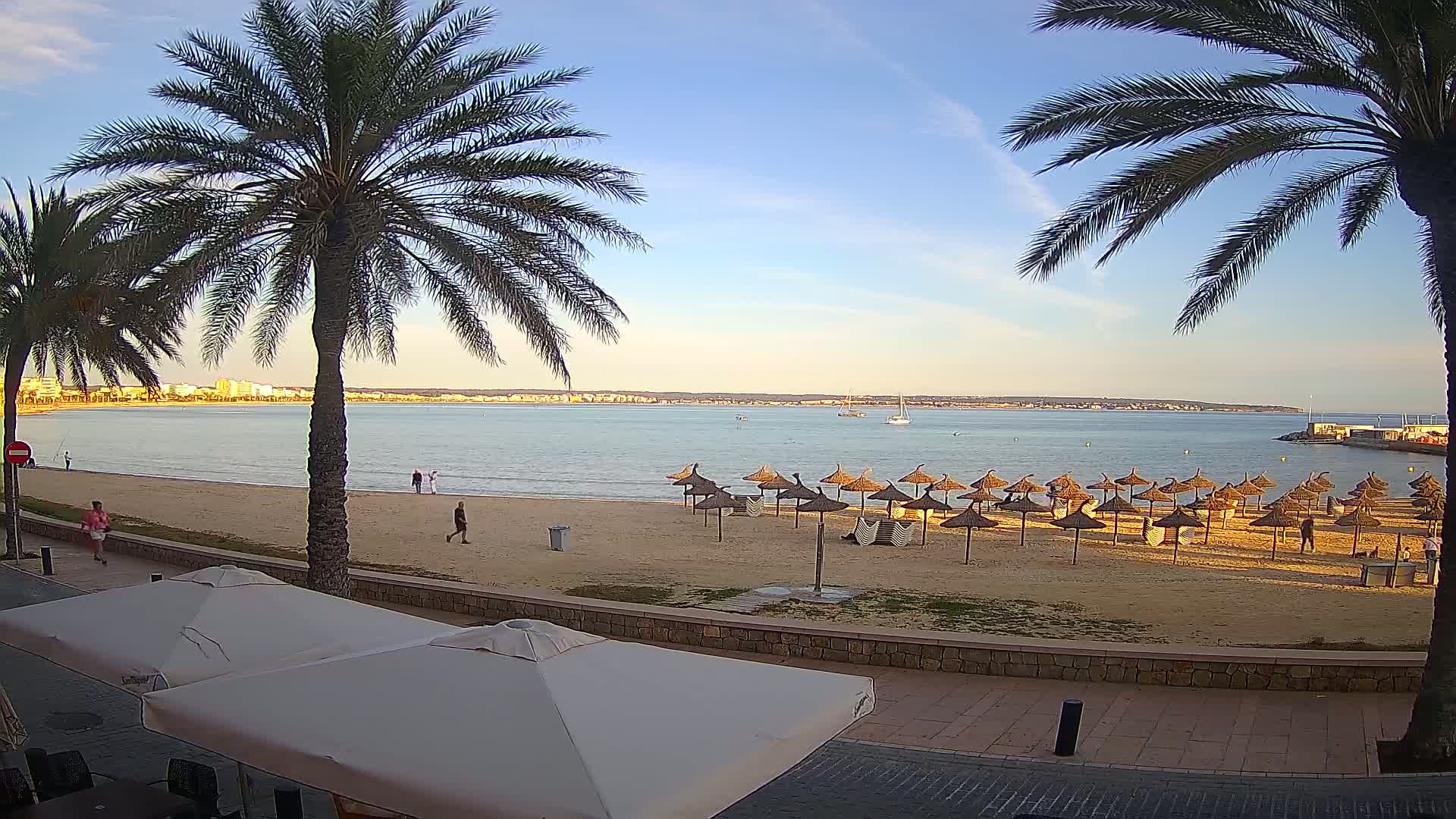 A sandy beach with numerous thatched umbrellas under a clear, sunny sky, palm trees lining a paved walkway overlooking a calm bay.