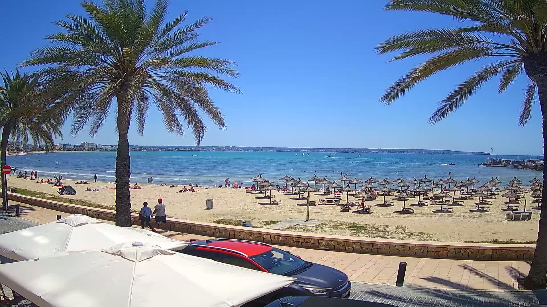 A sandy beach with numerous straw umbrellas and sunbathers is visible, framed by palm trees under a bright, sunny sky, with calm blue water stretching to a distant shoreline.