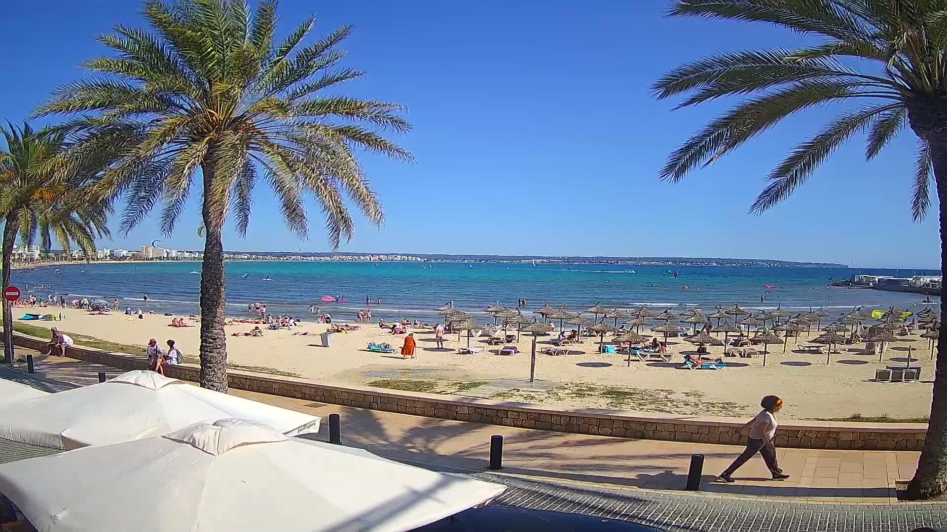 A sunny beach scene shows a sandy shore with numerous beach umbrellas and people sunbathing and swimming in calm, turquoise water, framed by palm trees and a paved walkway.