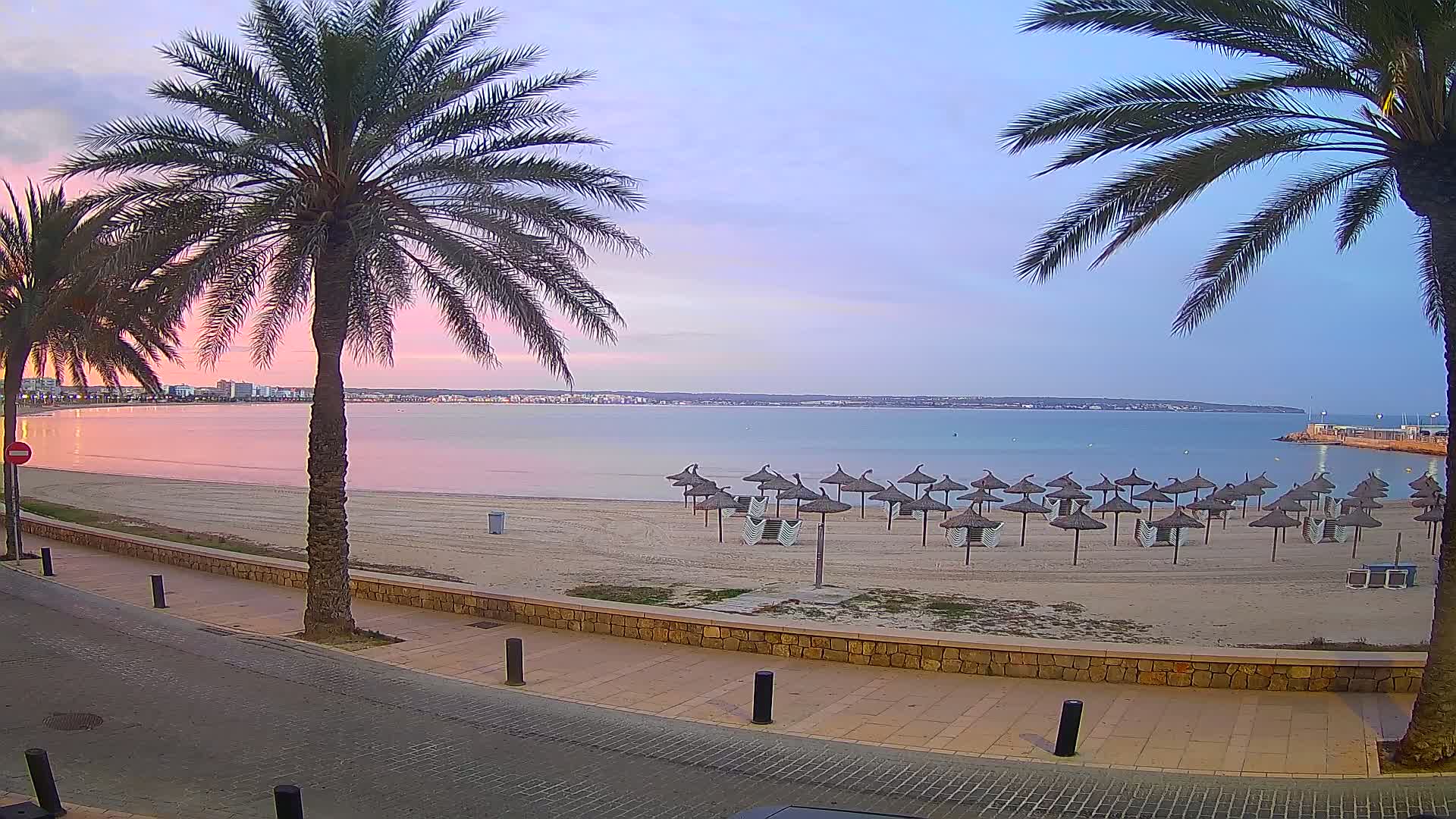 A sandy beach with numerous closed straw umbrellas sits under a pale pink and purple sunset sky next to a calm bay.