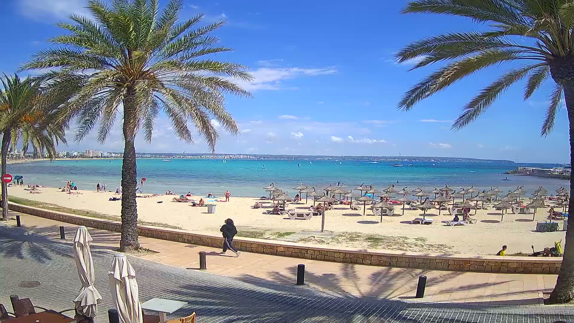 A sandy beach with numerous thatched umbrellas and sunbathers is situated next to a paved walkway lined with palm trees, overlooking a calm, turquoise ocean under a sunny sky.