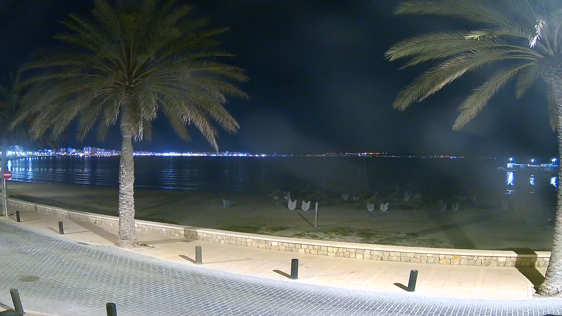 At night, a city's lights illuminate a calm body of water, visible from a beach bordered by palm trees and a stone walkway.