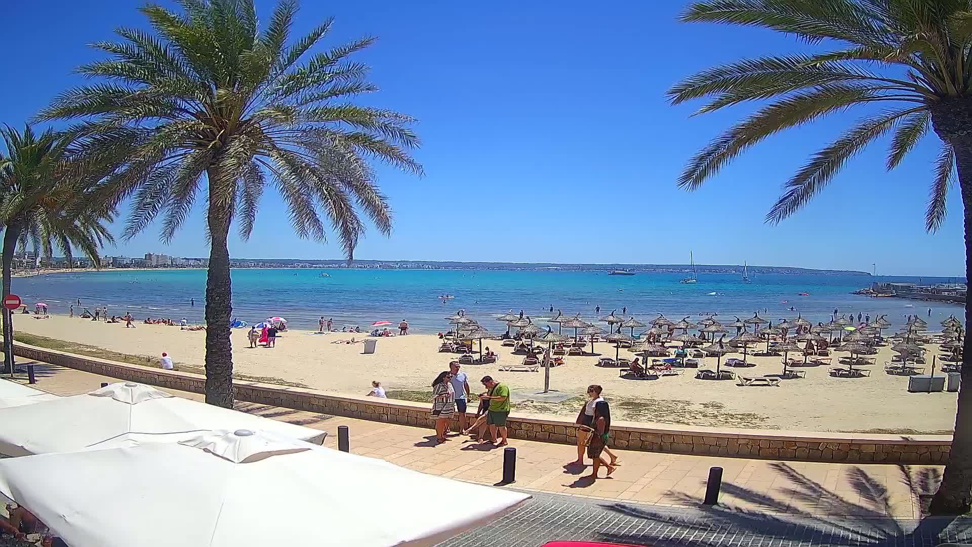 A sandy beach with turquoise water, palm trees, beach umbrellas, and several people are visible under a bright sunny sky.