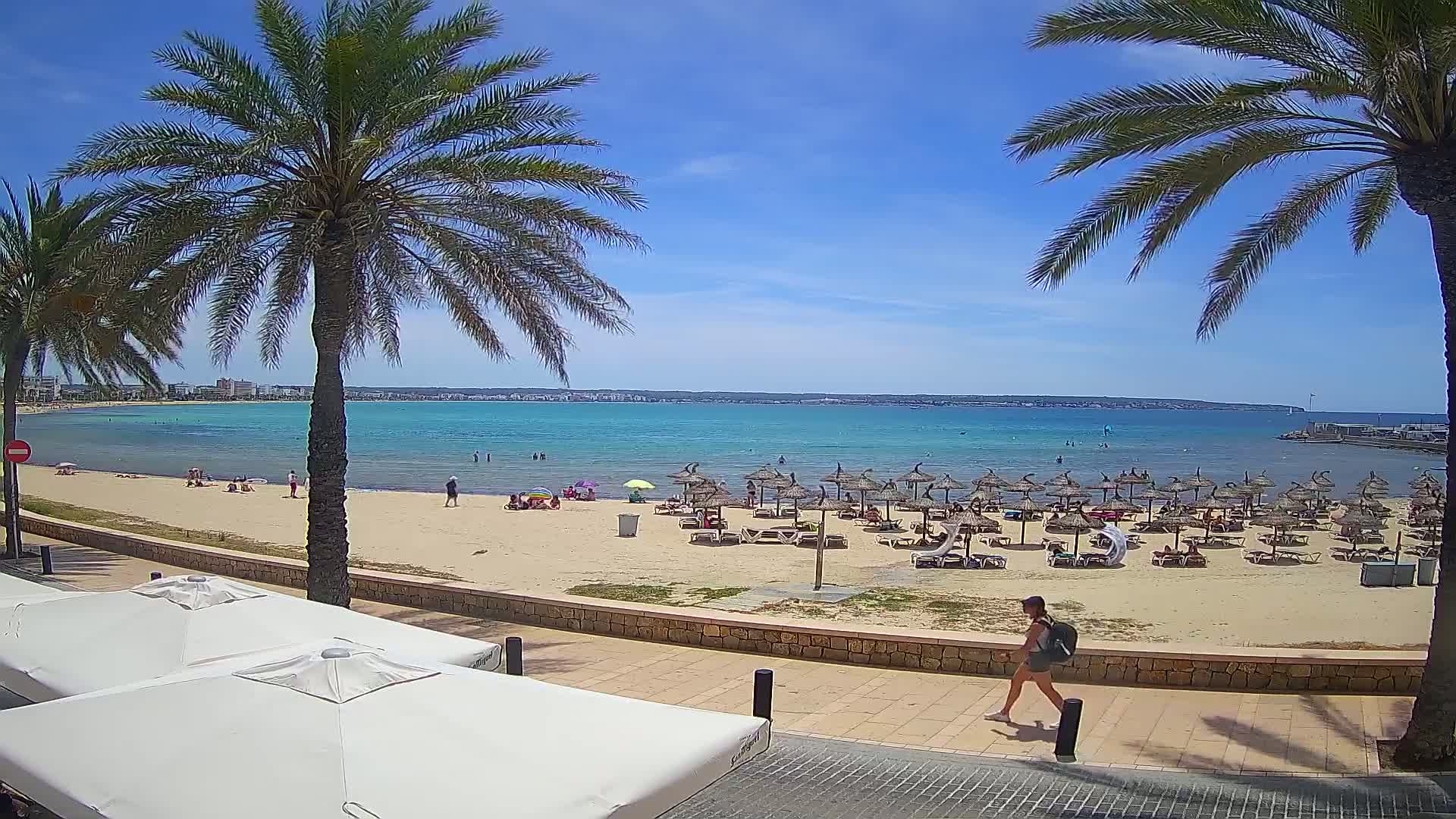 A sunny beach scene shows a sandy shore with numerous beach umbrellas and lounge chairs, calm turquoise water, palm trees, and a person walking along a paved walkway.