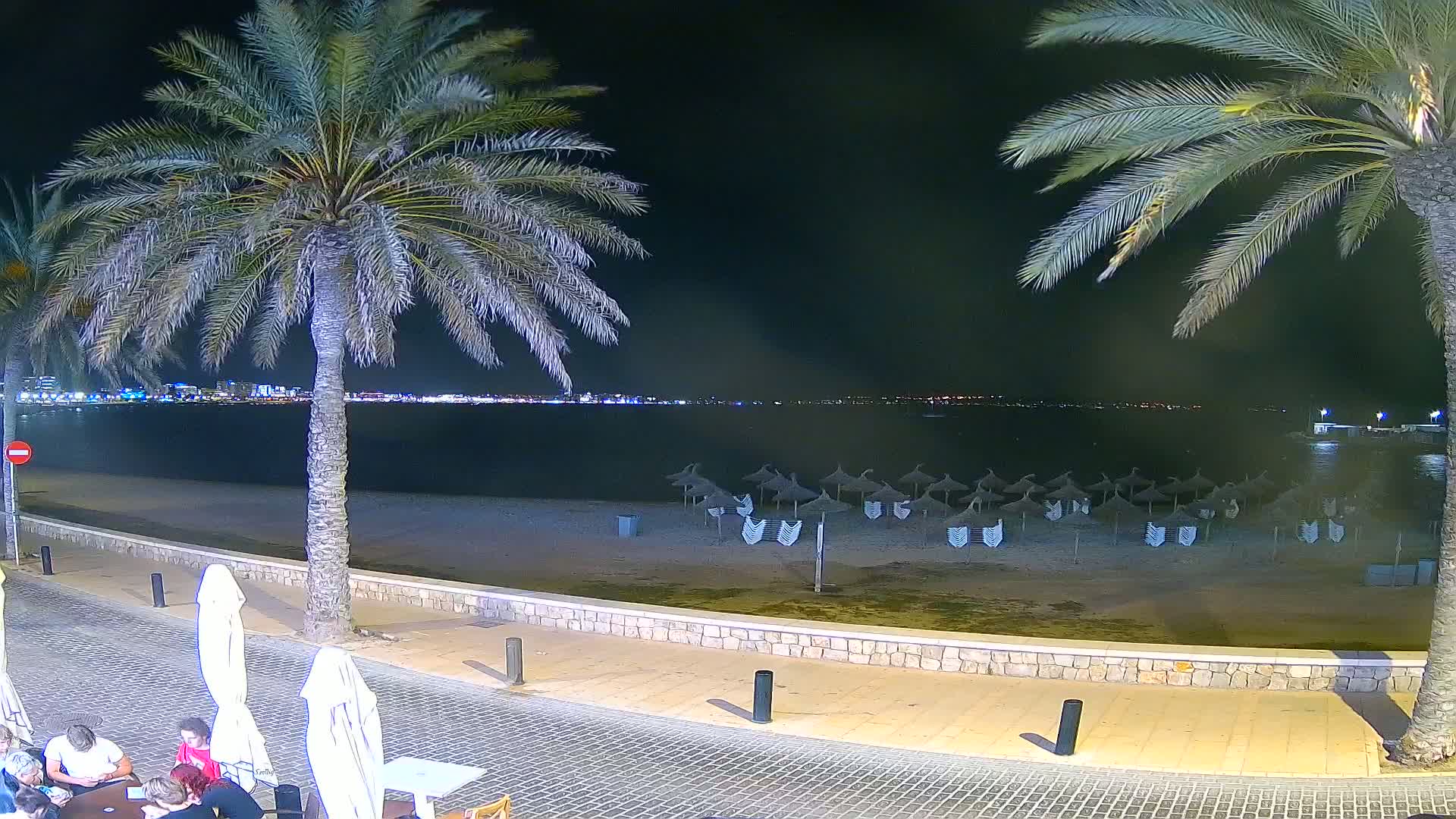 At night, a beach with closed umbrellas is seen from a paved area with palm trees, and a city's lights are visible across the water.