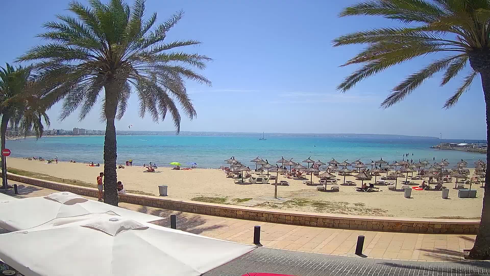 A sunny beach scene shows a sandy shore with numerous straw umbrellas and beachgoers, a calm turquoise sea, and palm trees lining a paved walkway.