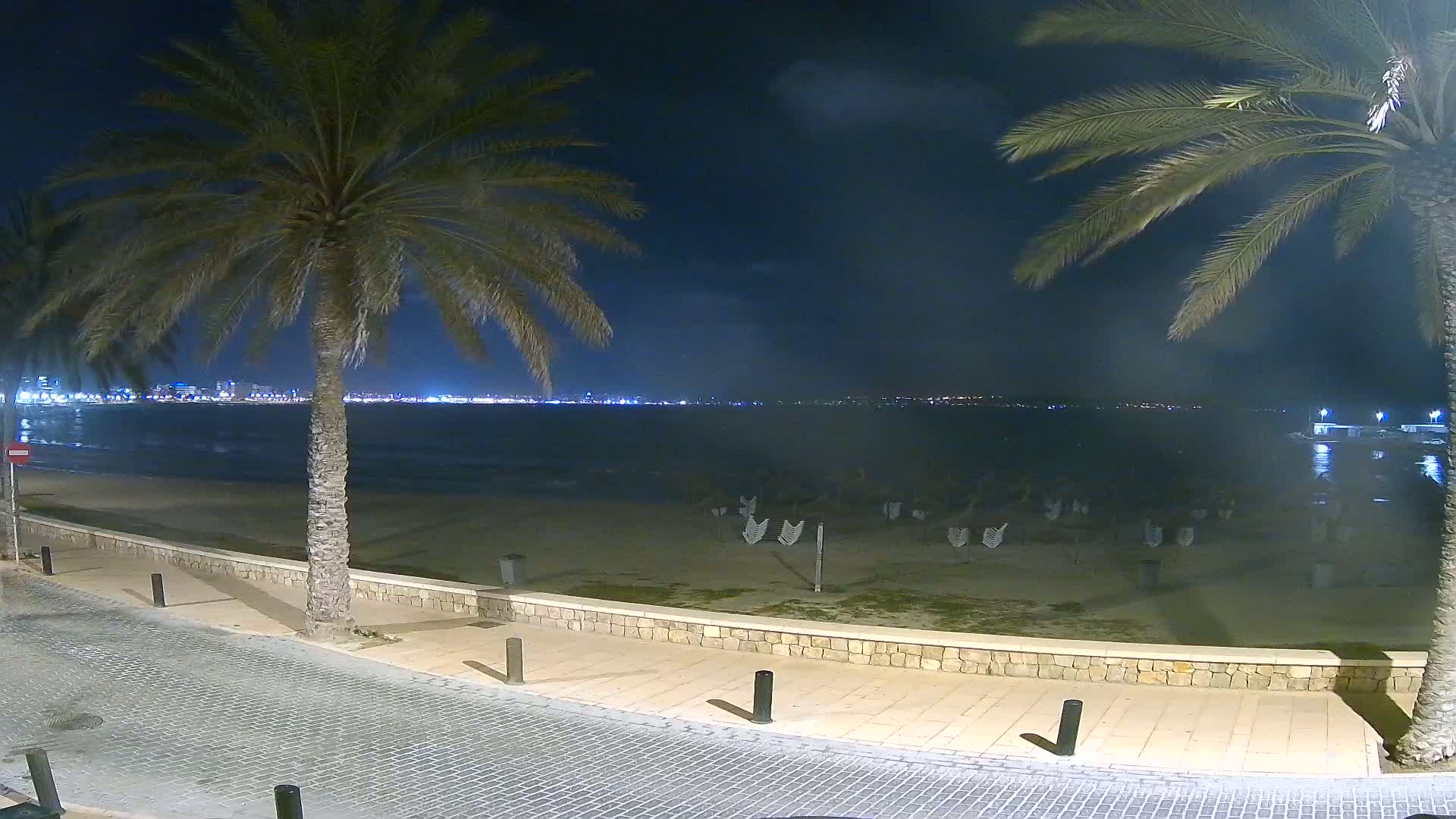 At night, a mostly calm beach with folded beach chairs is seen beyond a paved walkway lined with palm trees, with a city skyline visible across the water.