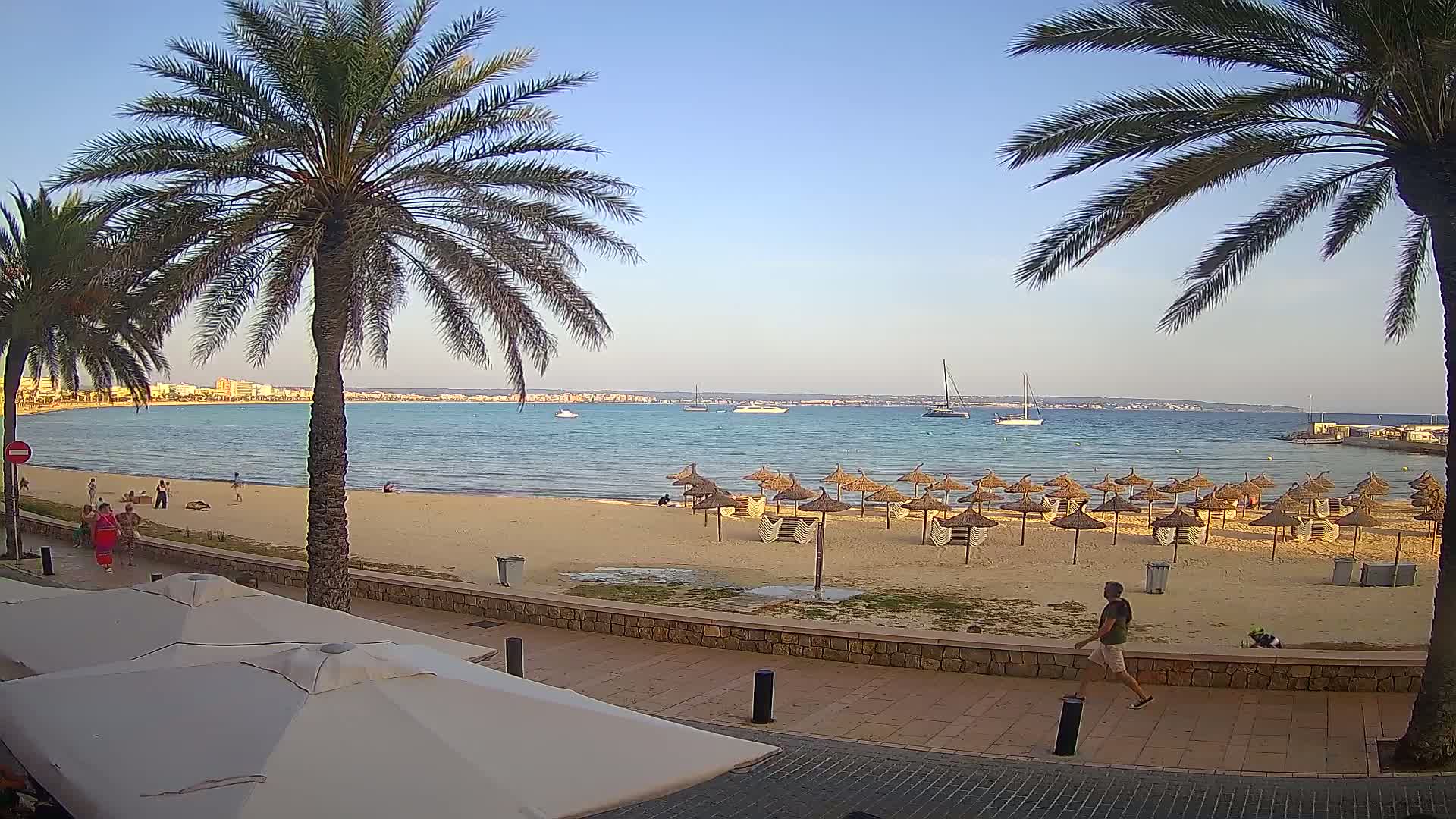 A sandy beach with straw umbrellas, palm trees, and a calm, blue sea is visible under a clear sky; a man walks along a paved walkway near the beach.