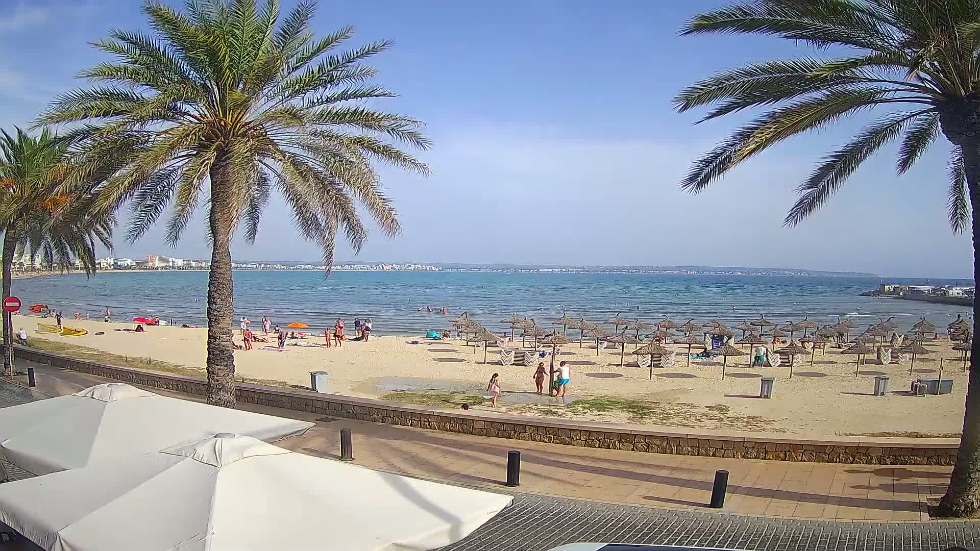 A sunny beach scene shows calm water, many beach umbrellas, and people swimming and relaxing on the sand, all framed by palm trees and a paved walkway.